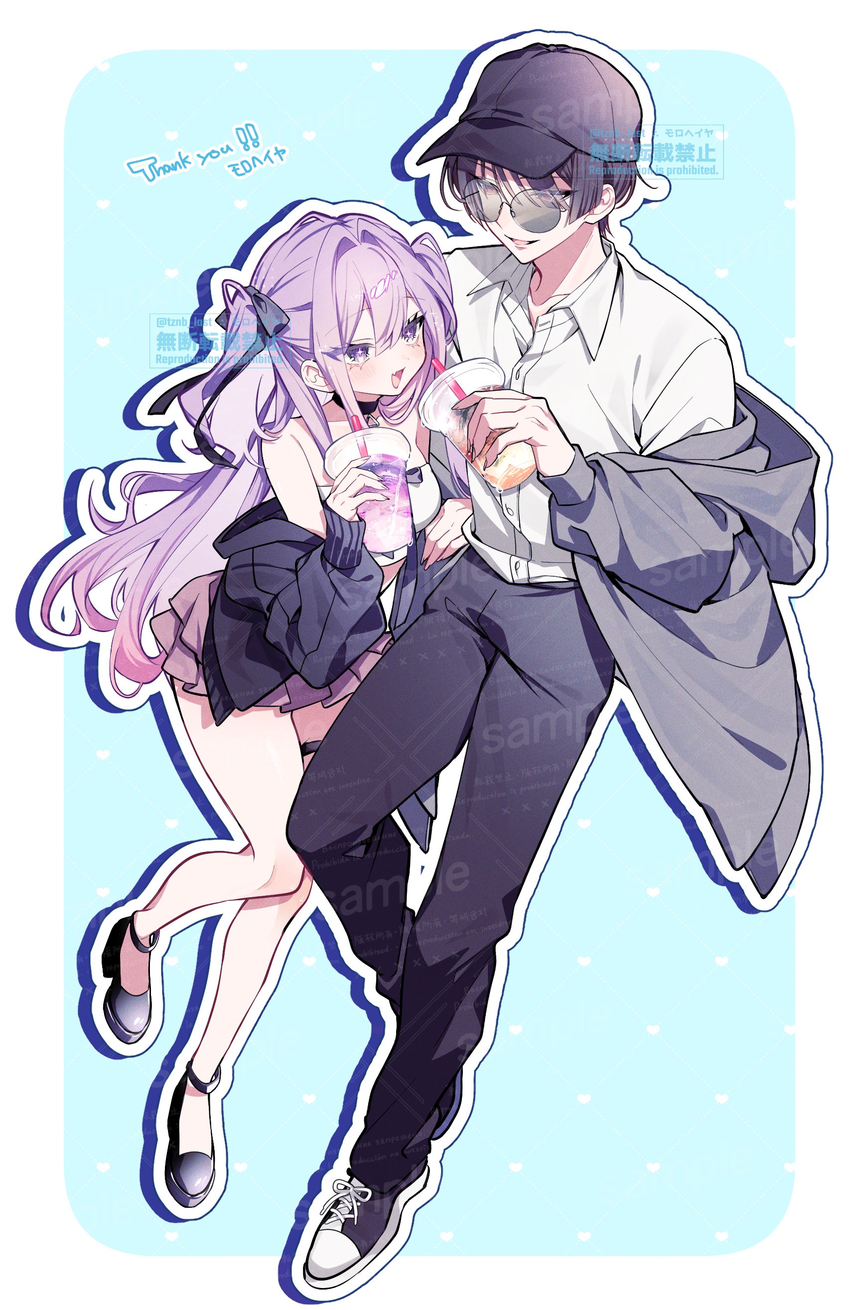 original, absurdres, commission, highres, skeb commission, 1boy, 1girl, black pants, bow, choker, collared shirt, cup, disposable cup, dress shirt, drinking straw, grey jacket, hair bow, holding, holding cup, jacket, long hair, off shoulder, open clothes, open jacket, open mouth, pants, purple eyes, purple hair, ribbon, sample watermark, shirt, skirt, smile, sunglasses, thigh strap, two side up, tznb last, very long hair, watermark, white shirt