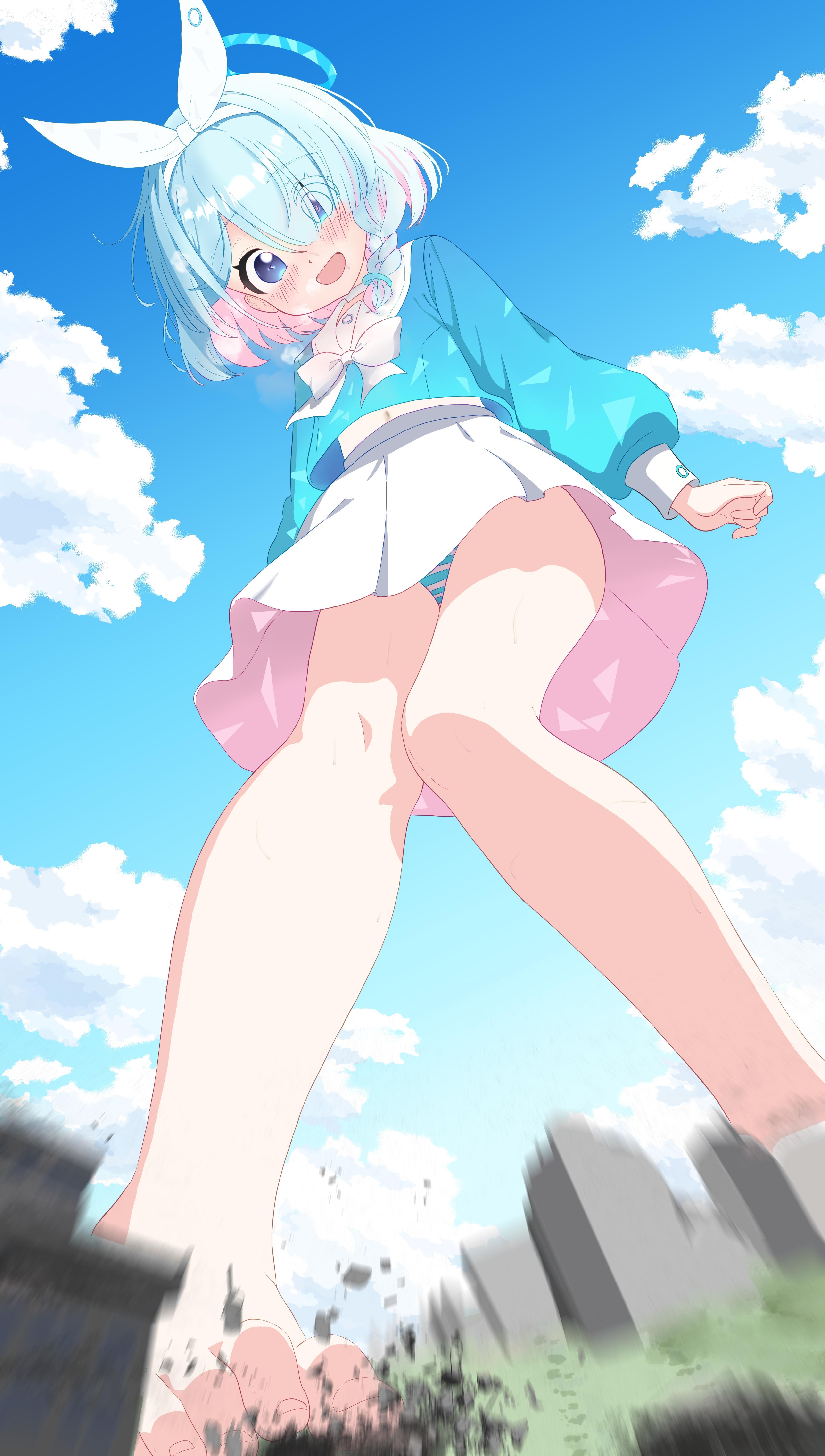 arona (blue archive), blue archive, absurdres, highres, 1girl, barefoot, blue eyes, blue hair, blue halo, blue shirt, blue sky, blush, bow hairband, braid, building, choker, chroma corp, city, cloud, colored inner hair, day, destruction, feet, foot focus, foreshortening, from below, giant, giantess, hair over one eye, hairband, halo, long sleeves, looking at viewer, looking down, midriff peek, multicolored hair, navel, open mouth, outdoors, panties, pink hair, sailor collar, sailor shirt, school uniform, shirt, short hair, single braid, skirt, sky, smile, solo, striped clothes, striped panties, toenails, toes, underwear, upskirt, white choker, white hairband, white sailor collar, white skirt