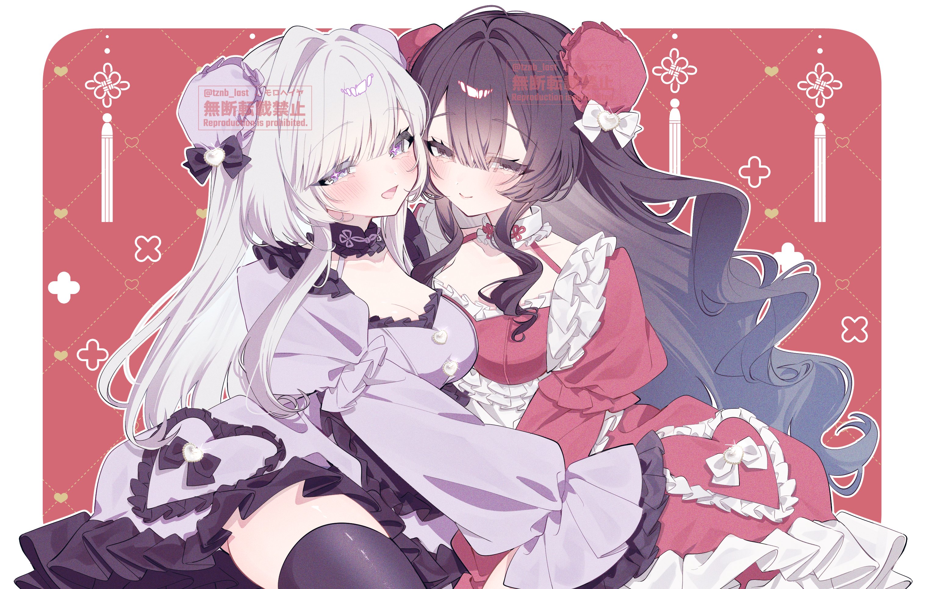 original, commission, highres, skeb commission, 2girls, black bow, black thighhighs, blush, bow, breasts, brown hair, bun cover, choker, cleavage, closed mouth, double bun, dress, frilled choker, frilled dress, frills, hair bun, juliet sleeves, long hair, long sleeves, looking at viewer, medium breasts, multiple girls, open mouth, puffy sleeves, purple dress, purple eyes, red background, red dress, sidelocks, smile, thighhighs, tznb last, watermark, white bow, white hair