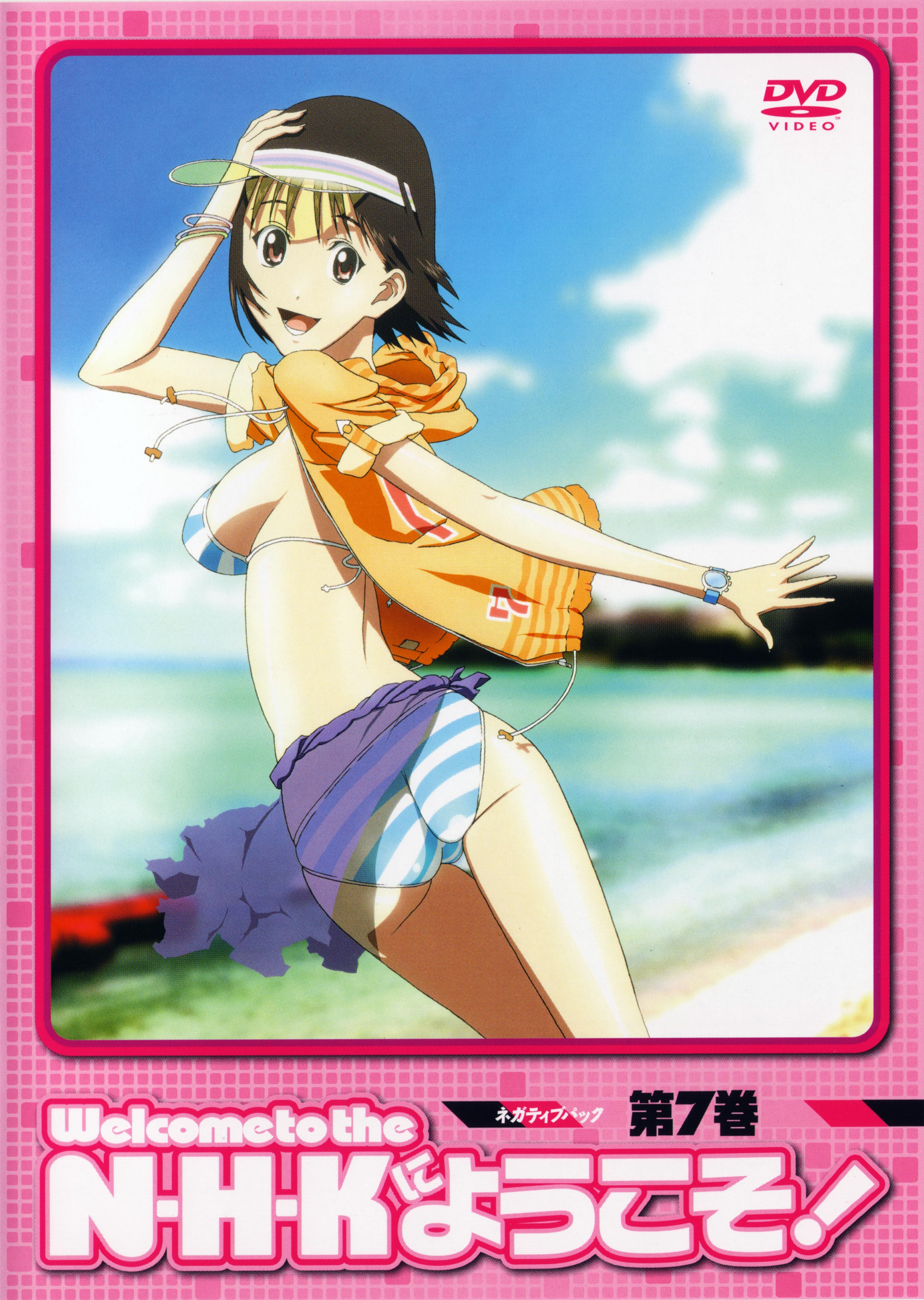 ishihama masashi, nakahara misaki, nhk ni youkoso!, visor, absurdres, highres, 00s, 1girl, bikini, bob cut, cover, day, dvd cover, female focus, hood, hooded jacket, jacket, sarong, see-through clothes, see-through sarong, short hair, solo, striped bikini, striped clothes, swimsuit, visor cap