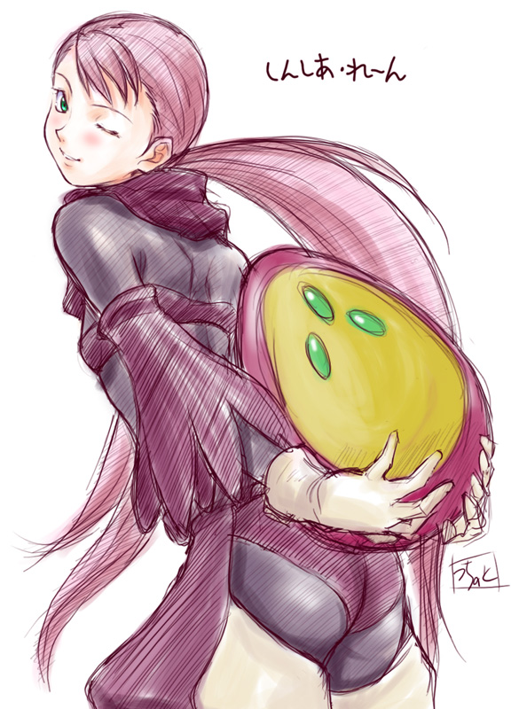 cynthia lane, dominator, overman king gainer, 00s, 1girl, ass, blush, female focus, gloves, green eyes, looking back, one eye closed, purple hair, shoulder blades, simple background, skin tight, solo, white background, wink