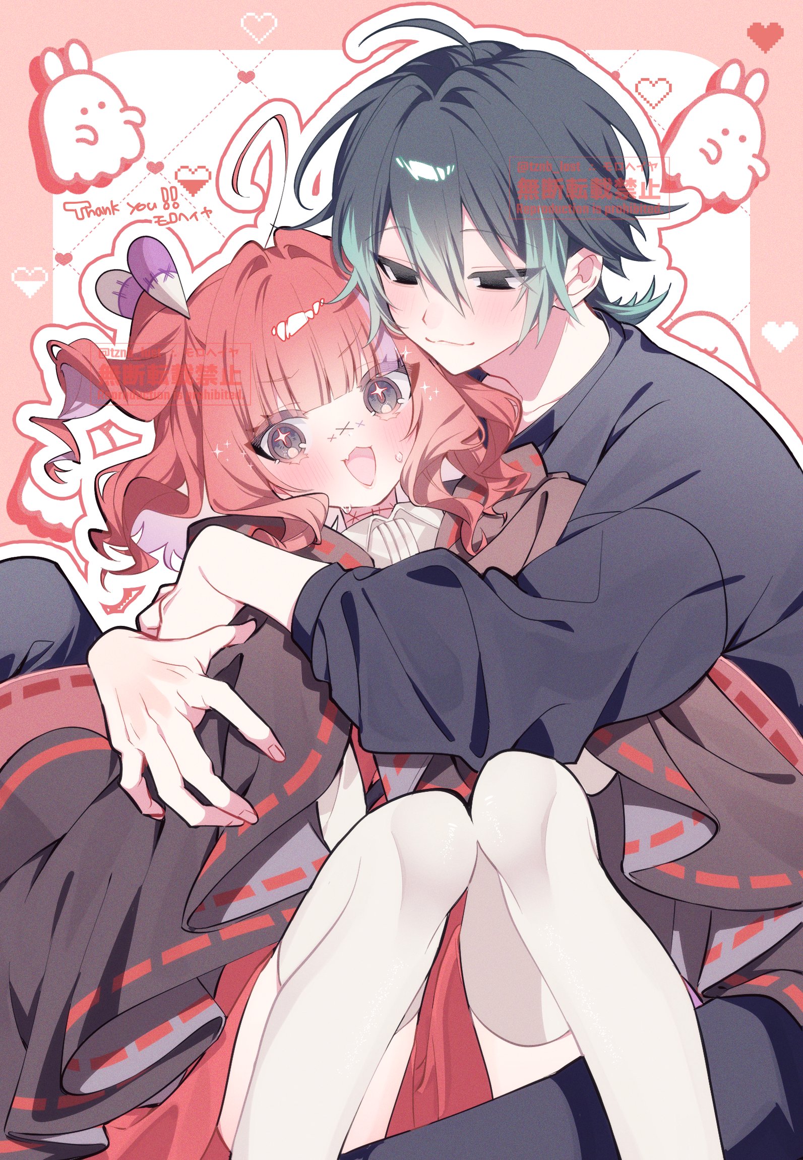 original, commission, highres, skeb commission, 1boy, 1girl, black eyes, black hair, black shirt, blush, green hair, heart, hetero, hug, multicolored hair, open mouth, red hair, shirt, short hair, smile, thighhighs, tznb last, white thighhighs
