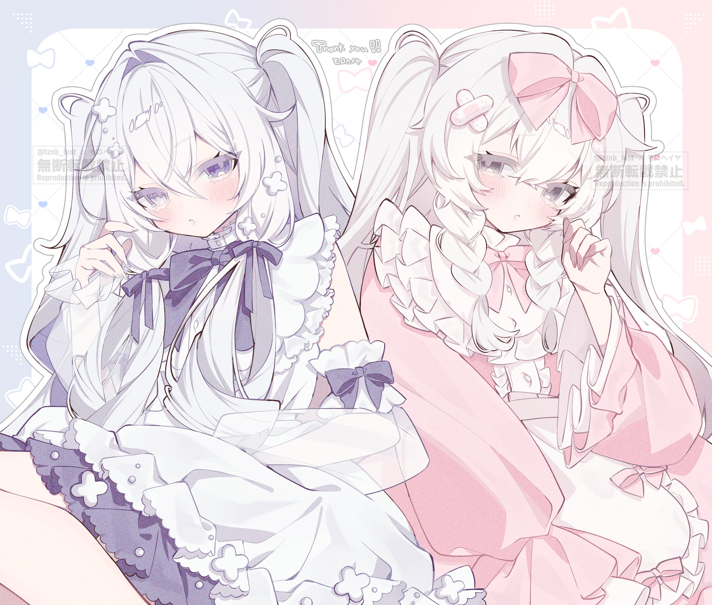 original, commission, highres, skeb commission, 2girls, blush, bow, bowtie, braid, detached sleeves, dress, frilled dress, frills, hair bow, hair ribbon, long hair, long sleeves, looking at viewer, multiple girls, pink bow, pink bowtie, pink dress, pink sleeves, purple bow, purple eyes, ribbon, twin braids, twintails, two side up, tznb last, white dress, white hair