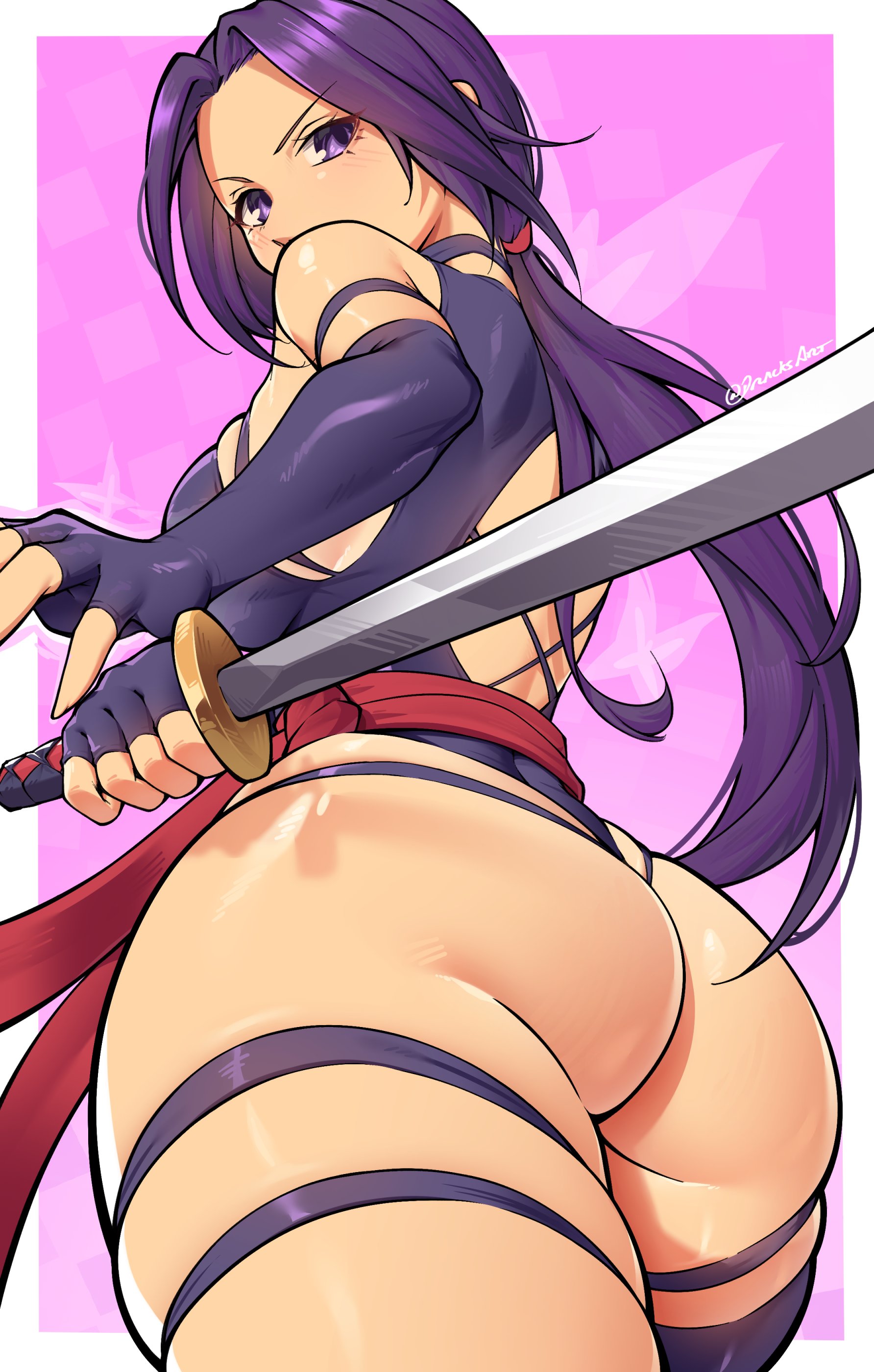 dracksart, psylocke, psylocke (vengeance), marvel, marvel rivals, x-men, absurdres, highres, 1girl, ass, border, elbow gloves, fingerless gloves, gloves, highleg, highleg leotard, holding, holding sword, holding weapon, leotard, long hair, looking at viewer, looking back, outside border, ponytail, purple eyes, purple gloves, purple hair, purple leotard, skindentation, solo, superhero costume, sword, thighs, weapon, white border
