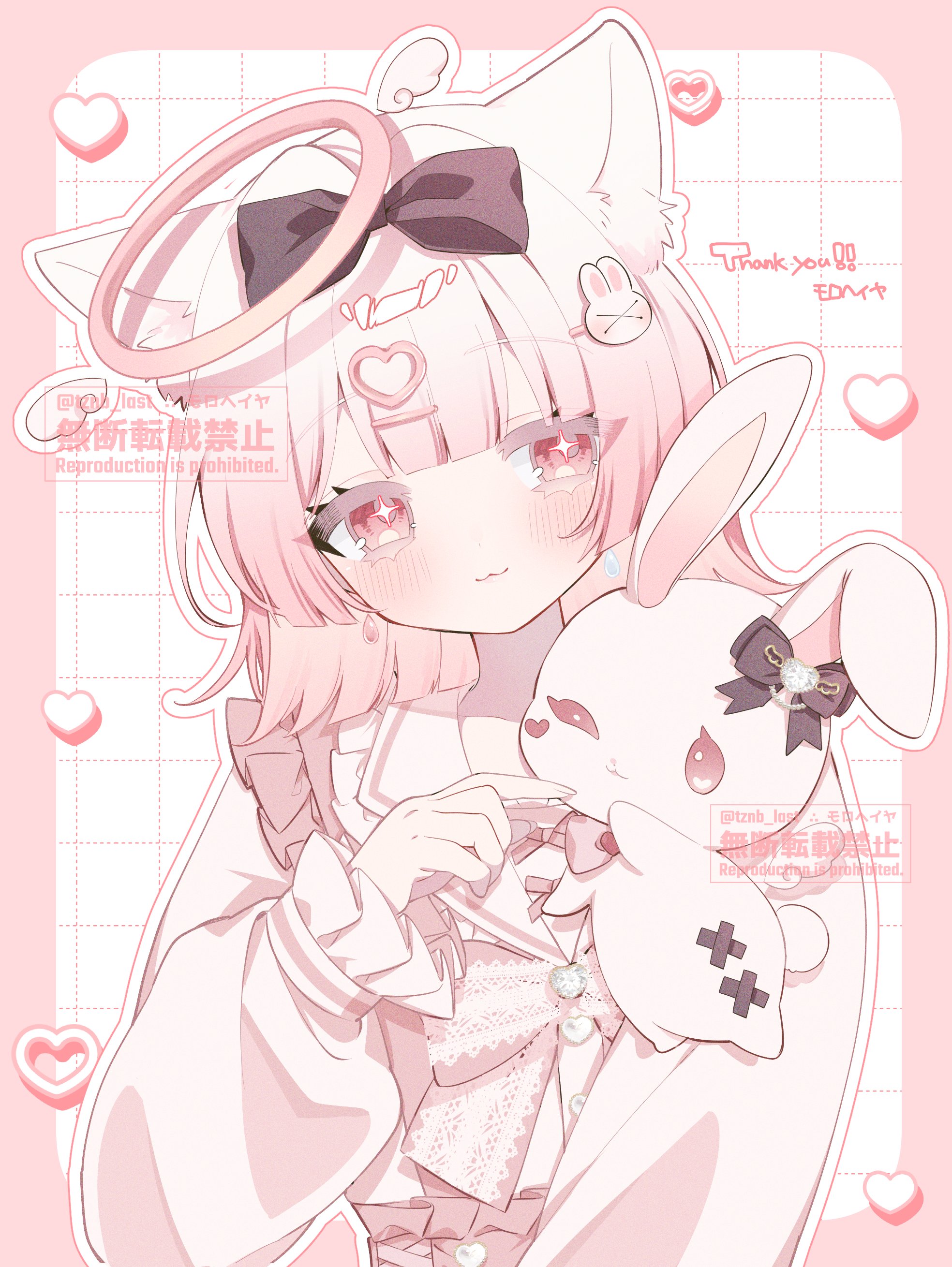 original, absurdres, commission, highres, skeb commission, 1girl, :3, animal ear fluff, animal ears, black bow, blunt bangs, blush, border, bow, cat ears, frilled sailor collar, frills, grid background, hair bow, hair ornament, hairclip, halo, heart, heart hair ornament, jewelry, long sleeves, pink border, pink eyes, pink hair, pink theme, rabbit, rabbit hair ornament, sailor collar, shirt, solo, stuffed animal, stuffed rabbit, stuffed toy, tznb last, upper body, watermark, white background