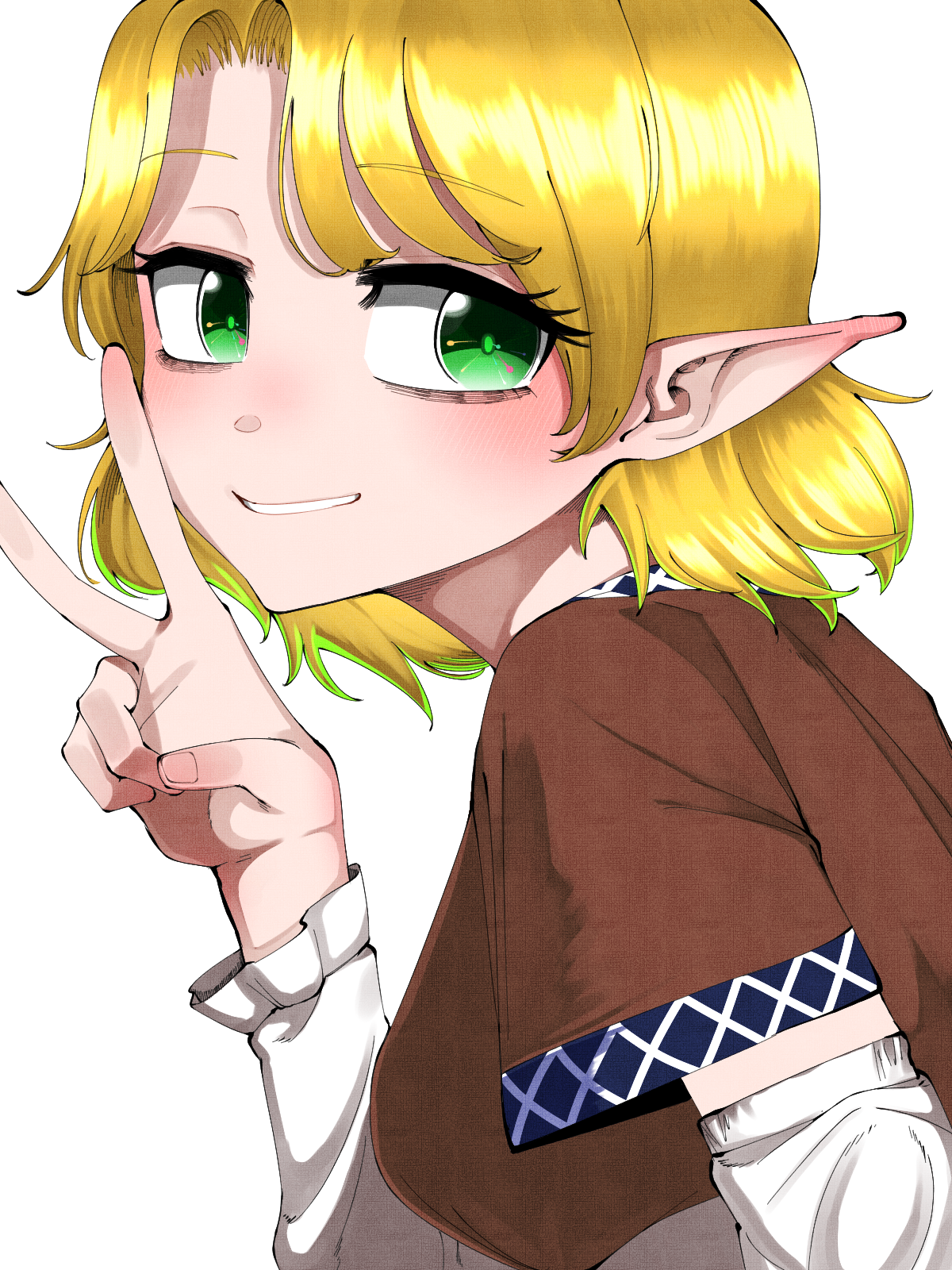 yokozuna iwashi, mizuhashi parsee, touhou, commentary request, highres, 1girl, arm warmers, bags under eyes, blonde hair, blush, brown shirt, fingernails, green eyes, grin, looking at viewer, pointy ears, shirt, short hair, short sleeves, simple background, smile, solo, upper body, v, white background