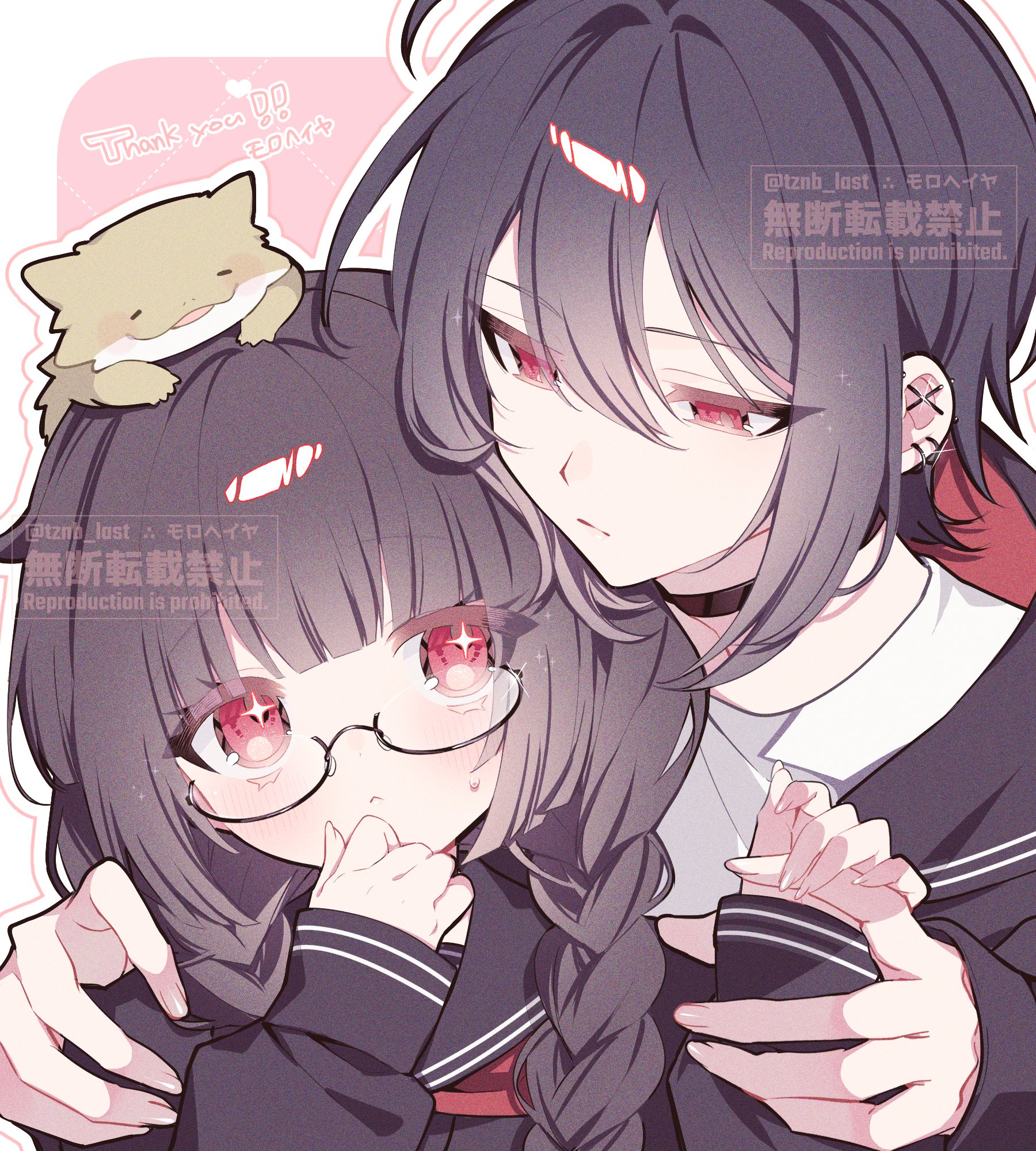 original, commission, highres, skeb commission, + +, 1boy, 1girl, animal, animal on head, black-framed eyewear, black choker, black hair, blunt bangs, braid, choker, closed mouth, dog, ear piercing, glasses, hair between eyes, hood, hood down, jacket, long hair, long sleeves, looking at another, on head, piercing, red eyes, sailor collar, school uniform, semi-rimless eyewear, serafuku, shirt, short hair, sleeves past wrists, twin braids, tznb last, under-rim eyewear, upper body, white shirt