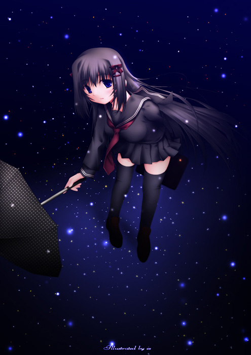 es (glasscastle), original, 1girl, female focus, school uniform, serafuku, snow, snowing, solo, thighhighs, umbrella, zettai ryouiki