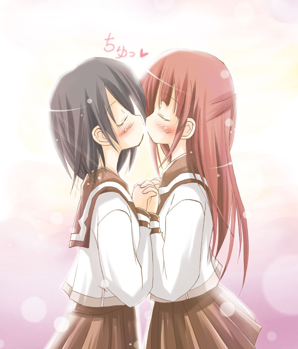 minadori naya, original, 2girls, blush, closed eyes, kiss, multiple girls, school uniform, serafuku, yuri