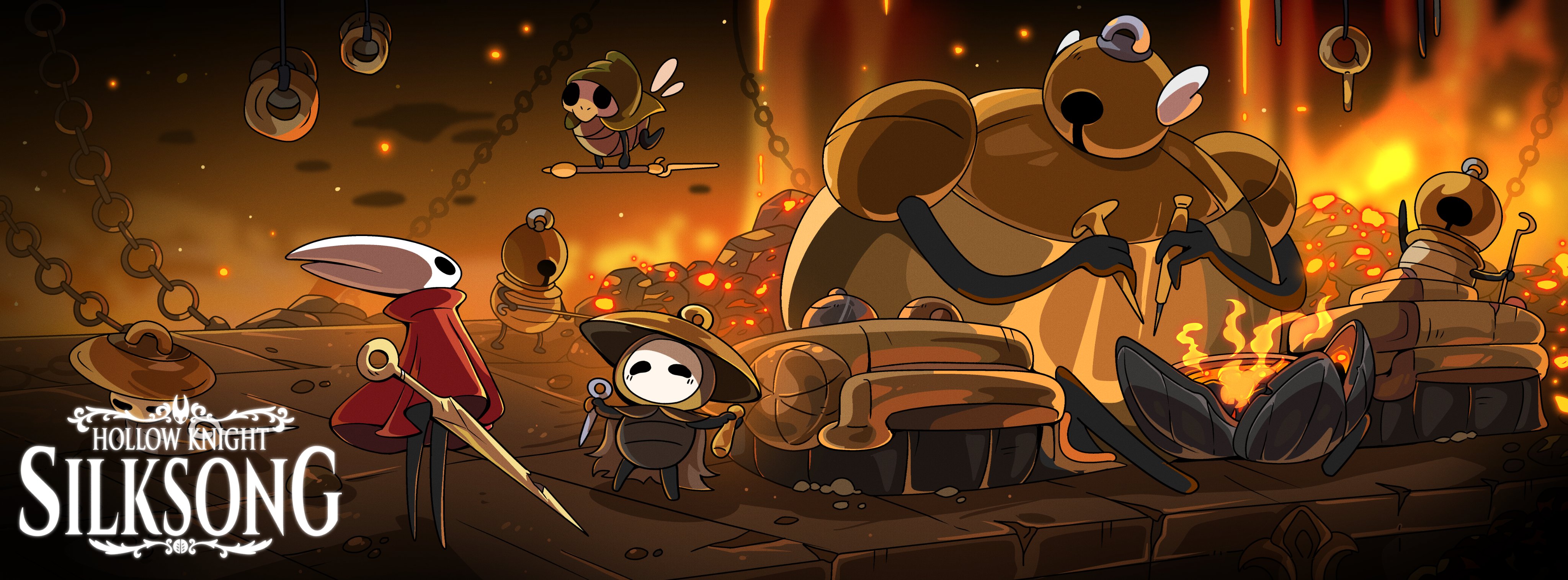 hornet (hollow knight), hollow knight, hollow knight: silksong, absurdres, highres, 1boy, 2girls, 3others, armor, bell, black eyes, blank eyes, chain, cloak, forge-daughter (hollow knight), hat, helmet, horned mask, logo, mask, multiple girls, multiple others, needle (hollow knight), red cloak, sherma (hollow knight), shibeshibe9, white mask