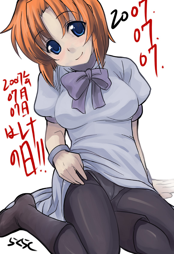 rkrk, ryuuguu rena, higurashi no naku koro ni, 00s, 1girl, blue eyes, boots, bow, clothes lift, crotch seam, dress, dress lift, female focus, orange hair, panties, panties under pantyhose, pantyhose, short hair, skirt, skirt lift, smile, solo, underwear, upskirt