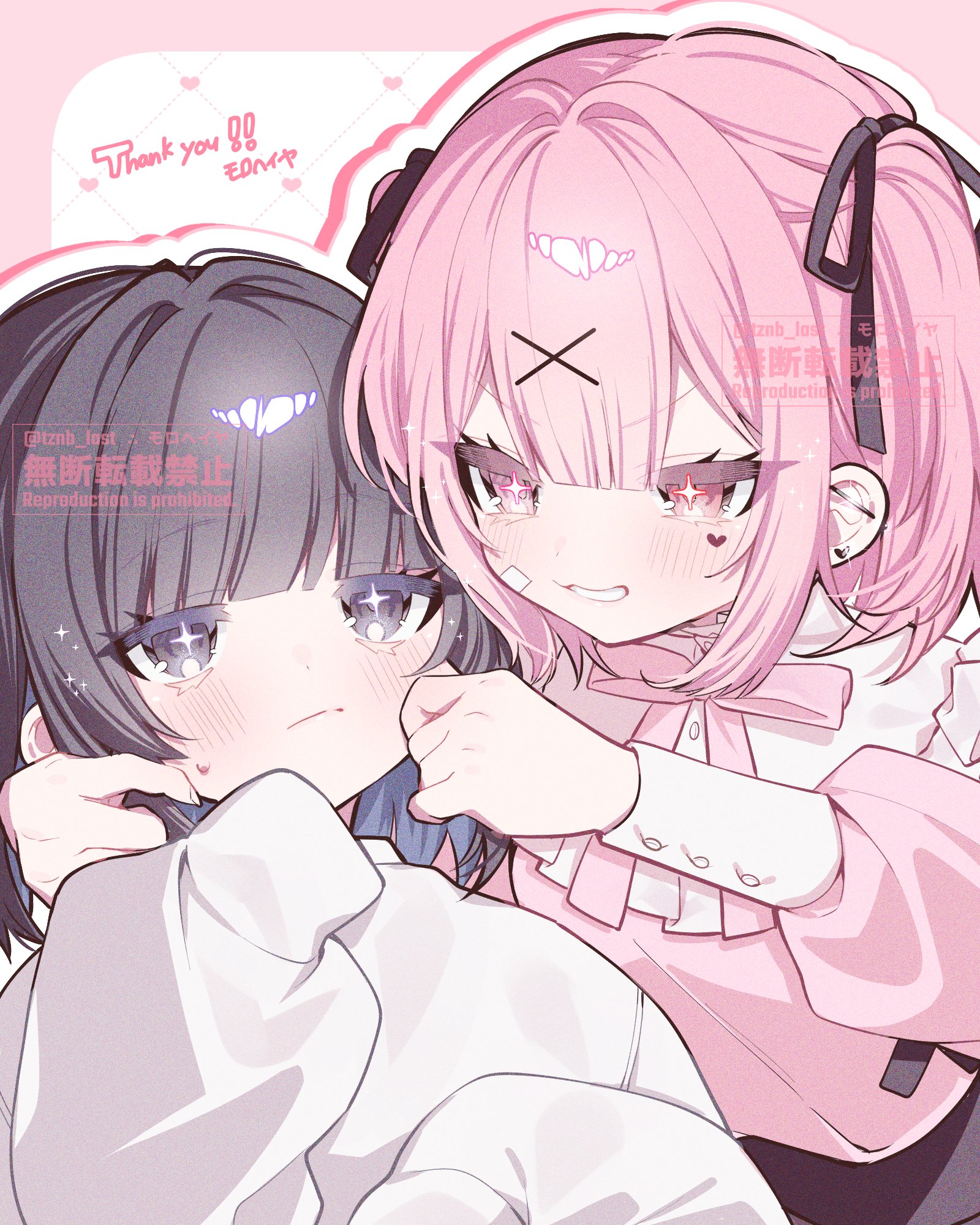 original, commission, highres, skeb commission, 2girls, bandaid, bandaid on face, black eyes, black hair, black ribbon, blue hair, blunt bangs, blush, bow, bowtie, cheek pinching, closed mouth, hair ornament, hair ribbon, heart, jirai kei, long sleeves, looking at another, multiple girls, pinching, pink eyes, pink hair, pink shirt, ribbon, shirt, short hair, sidelocks, smile, sweatdrop, sweater, thank you, twintails, two side up, tznb last, white shirt, white sweater, x hair ornament