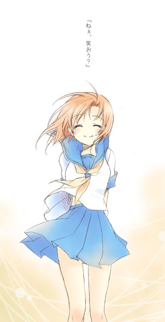 unohana tsukasa, ryuuguu rena, higurashi no naku koro ni, 00s, 1girl, ^ ^, ahoge, arms behind back, blue skirt, blush, closed eyes, cowboy shot, female focus, orange hair, pleated skirt, sailor collar, school uniform, serafuku, shirt, short hair, skirt, solo, standing, text focus, white shirt