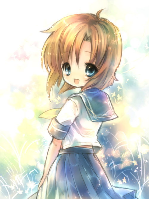 onineko, ryuuguu rena, higurashi no naku koro ni, 00s, 1girl, blue eyes, blush, female focus, happy, looking at viewer, open mouth, orange hair, school uniform, serafuku, short hair, skirt, smile, solo
