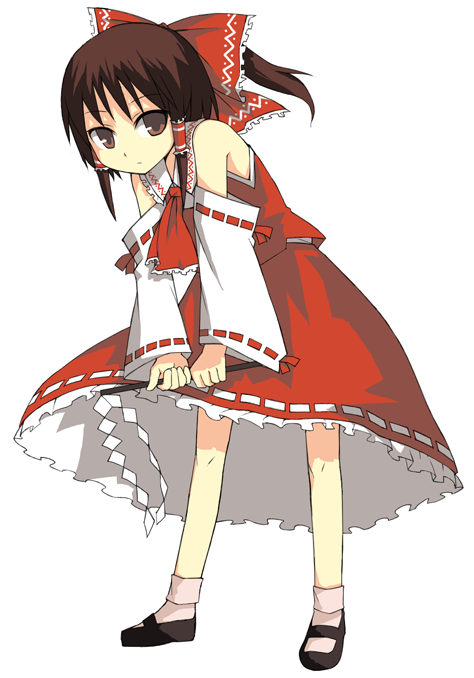 ikura hato, hakurei reimu, perfect cherry blossom, touhou, 1girl, bare shoulders, black shoes, bow, brown eyes, brown hair, detached sleeves, female focus, frilled skirt, frills, full body, gohei, hair bow, hair tubes, leaning forward, legs apart, long hair, looking at viewer, ponytail, red bow, red skirt, ribbon-trimmed sleeves, ribbon trim, shide, shoes, sidelocks, simple background, skirt, skirt set, socks, solo, standing, vest, white background, white socks