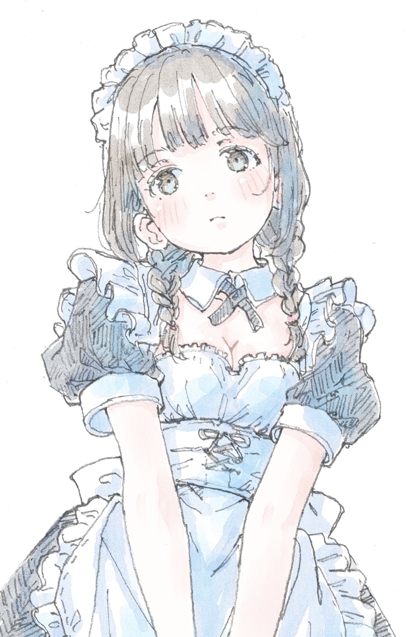 poranka (porankaran), original, braided twintails, highres, 1girl, apron, back bow, blush, bow, braid, breasts, brown eyes, brown hair, cleavage, cleavage cutout, clothing cutout, corset, detached collar, dress, frilled apron, frilled dress, frills, head tilt, long hair, low twin braids, maid, maid apron, maid headdress, puffy short sleeves, puffy sleeves, short sleeves, simple background, small breasts, solo, twin braids, upper body, v arms, white background