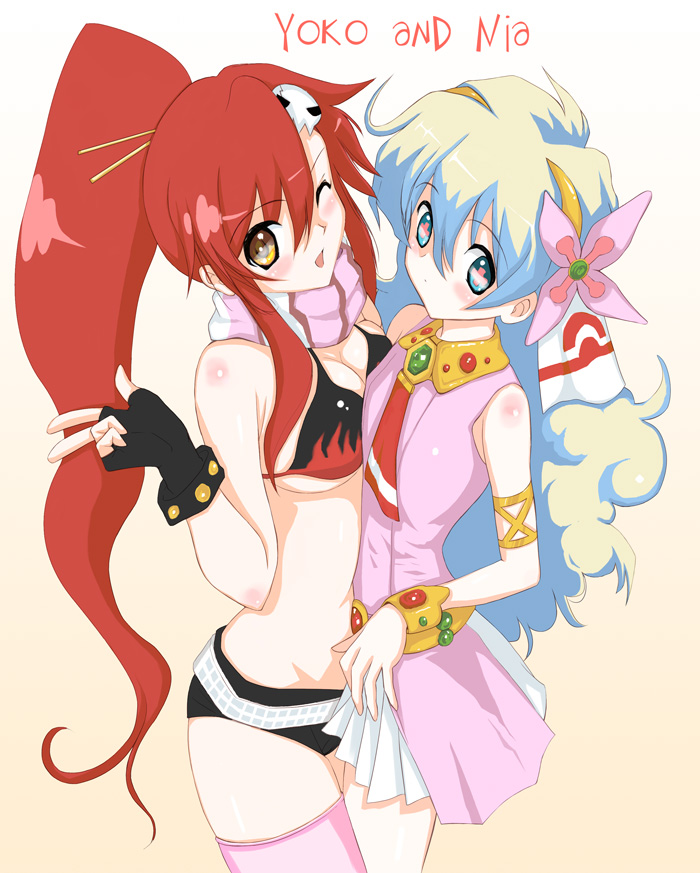 niwatori kokezou, nia teppelin, yoko littner, tengen toppa gurren lagann, 00s, 2girls, breast press, breasts, cross-shaped pupils, medium breasts, multiple girls, symbol-shaped pupils, symmetrical docking, thighhighs, yuri