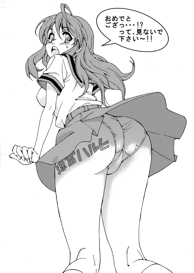 tehen, asahina mikuru, suzumiya haruhi no yuuutsu, 00s, 1girl, ass, female focus, greyscale, monochrome, panties, pantyshot, school uniform, serafuku, skirt, solo, trefoil, underwear, wind, wind lift