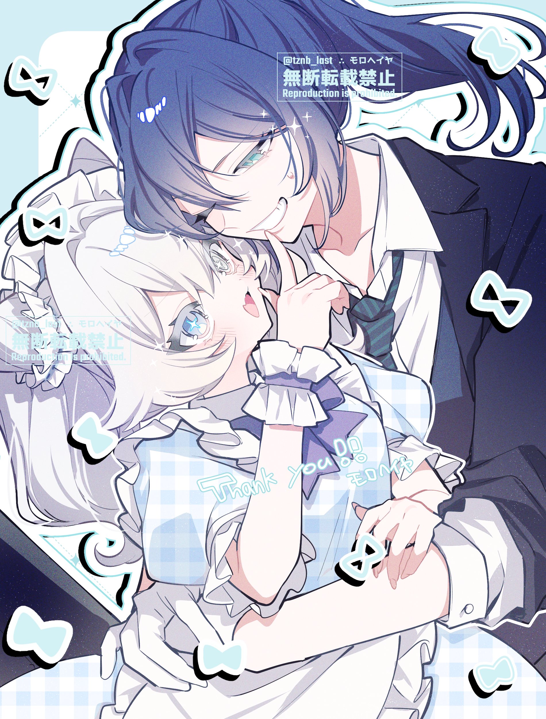 original, absurdres, commission, highres, skeb commission, 2girls, blue dress, blue eyes, blue hair, bow, bowtie, dress, formal clothes, grin, heterochromia, hug, long hair, maid, maid headdress, multiple girls, necktie, one eye closed, open mouth, ponytail, purple bow, purple bowtie, shirt, smile, suit, twintails, tznb last, white hair