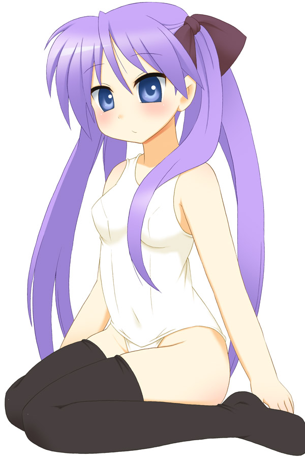 kurappii, hiiragi kagami, lucky star, 00s, 1girl, breasts, female focus, one-piece swimsuit, school swimsuit, simple background, sitting, small breasts, solo, swimsuit, thighhighs, white background, white one-piece swimsuit, white school swimsuit