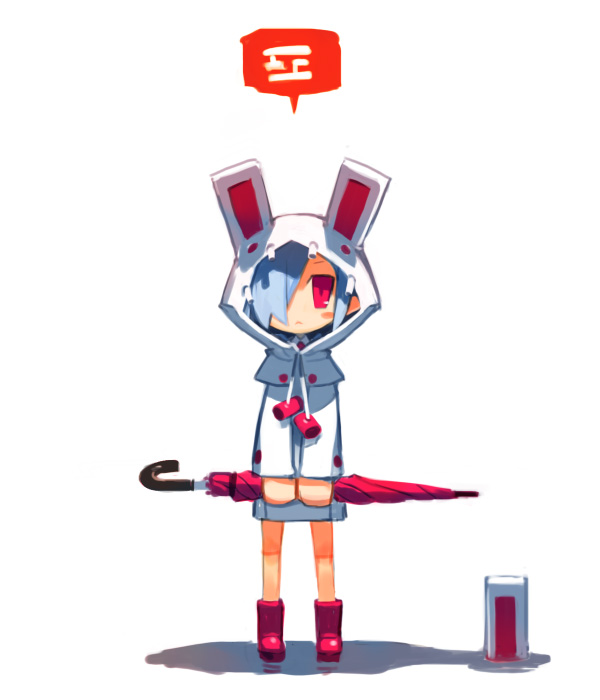 harada takehito, pleinair, usagi-san, disgaea, nippon ichi, original, translation request, 1girl, blush, boots, closed umbrella, female focus, hair over one eye, rabbit, raincoat, red boots, red eyes, solo, umbrella