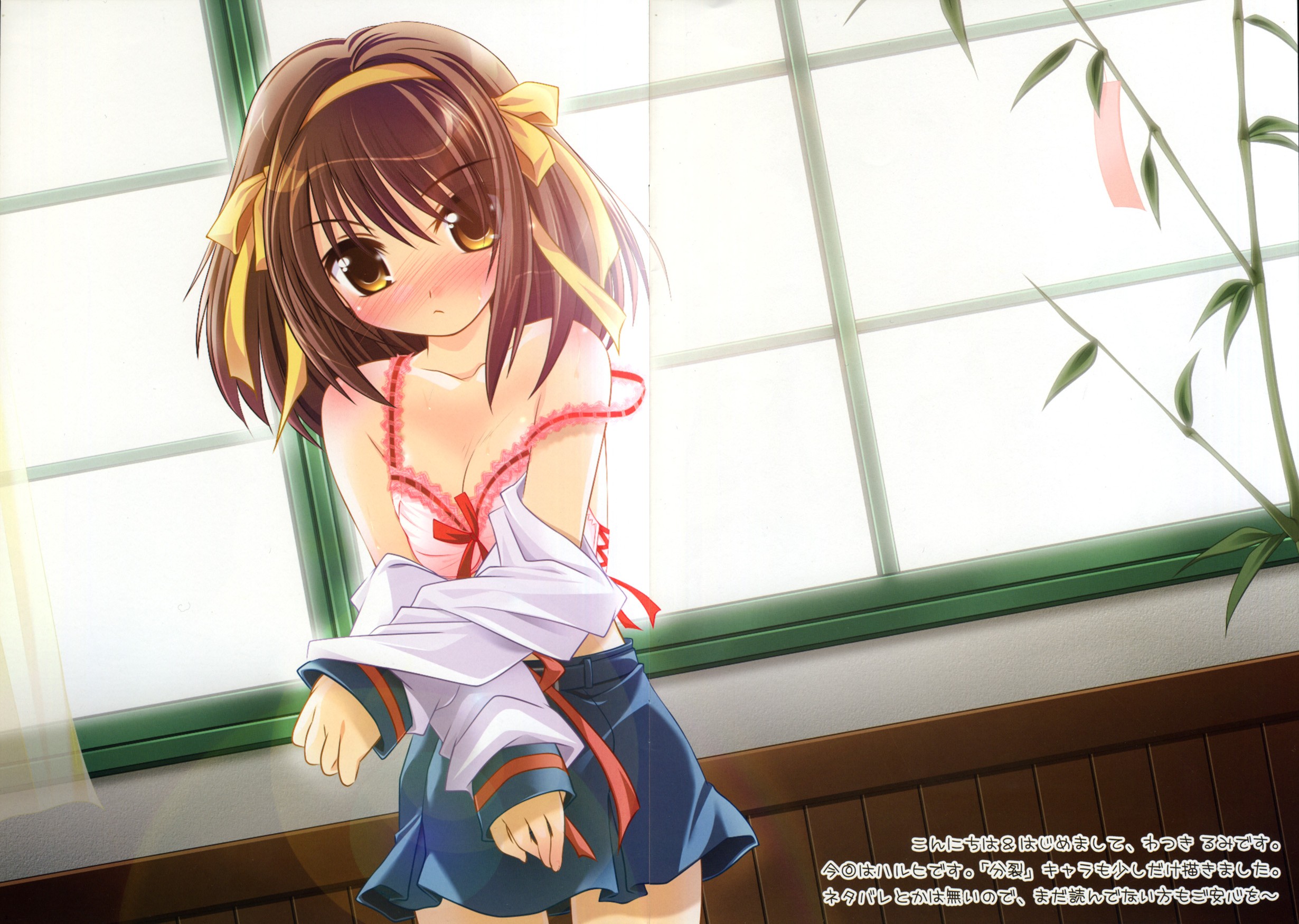 watsuki ayamo, suzumiya haruhi, suzumiya haruhi no yuuutsu, highres, scan, scan artifacts, 00s, 1girl, blush, brown hair, female focus, lingerie, school uniform, serafuku, short hair, solo, underwear, undressing