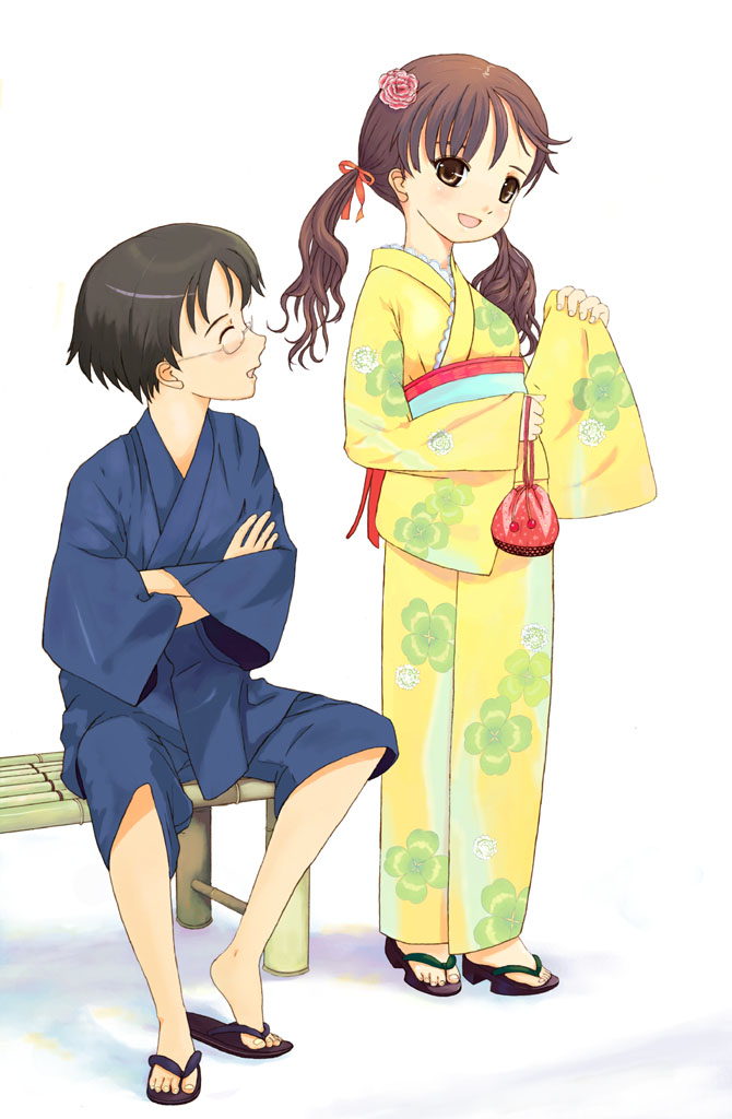 ishizaki yuki, original, white legwear, 1boy, 1girl, :d, bench, brown eyes, brown hair, crossed arms, full body, geta, japanese clothes, kimono, long sleeves, obi, okobo, open mouth, platform sandals, sandals, sash, smile, socks, standing, tabi, twintails, wide sleeves, zouri