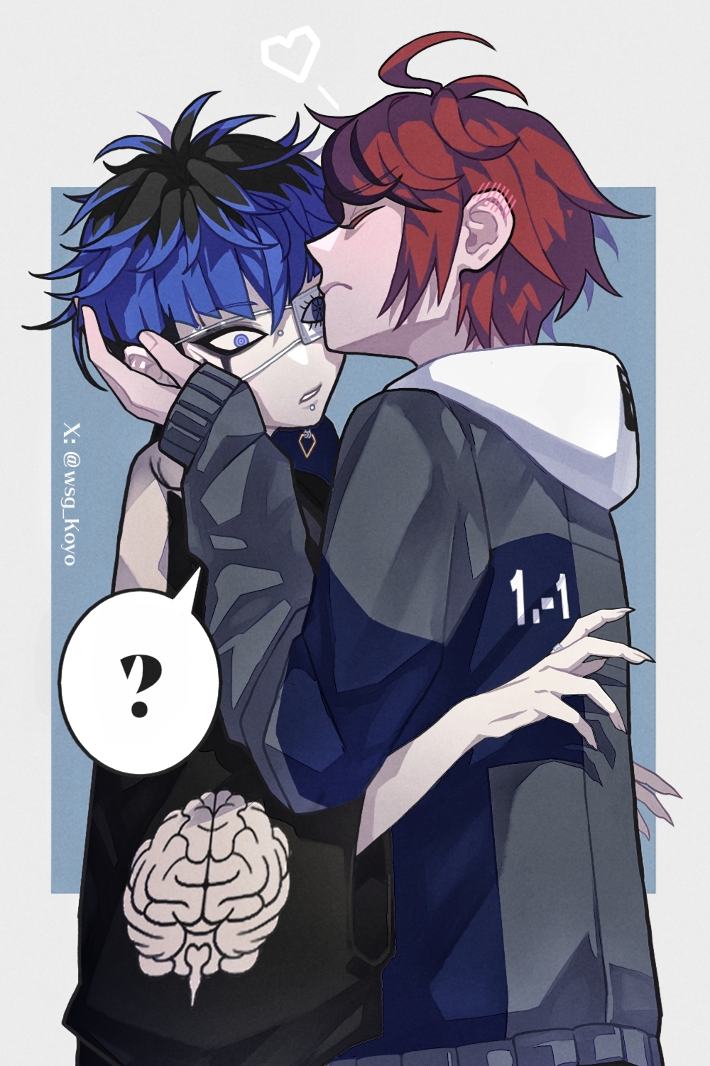 wsg koyo, omokage yugamu, sumino takumi, the hundred line -last defense academy-, chinese commentary, commentary request, highres, 2boys, ?, ahoge, black hair, blue eyes, blue hair, blue jacket, chin piercing, closed eyes, earrings, face piercing, film grain, grey jacket, hand on own cheek, hand on own face, heart, hood, hood down, jacket, jewelry, long sleeves, male focus, multicolored hair, multicolored jacket, multiple boys, open clothes, open jacket, piercing, red hair, roots (hair), short hair, speech bubble, spoken question mark, streaked hair, twitter username, two-tone hair, two-tone jacket, wide sleeves, yaoi