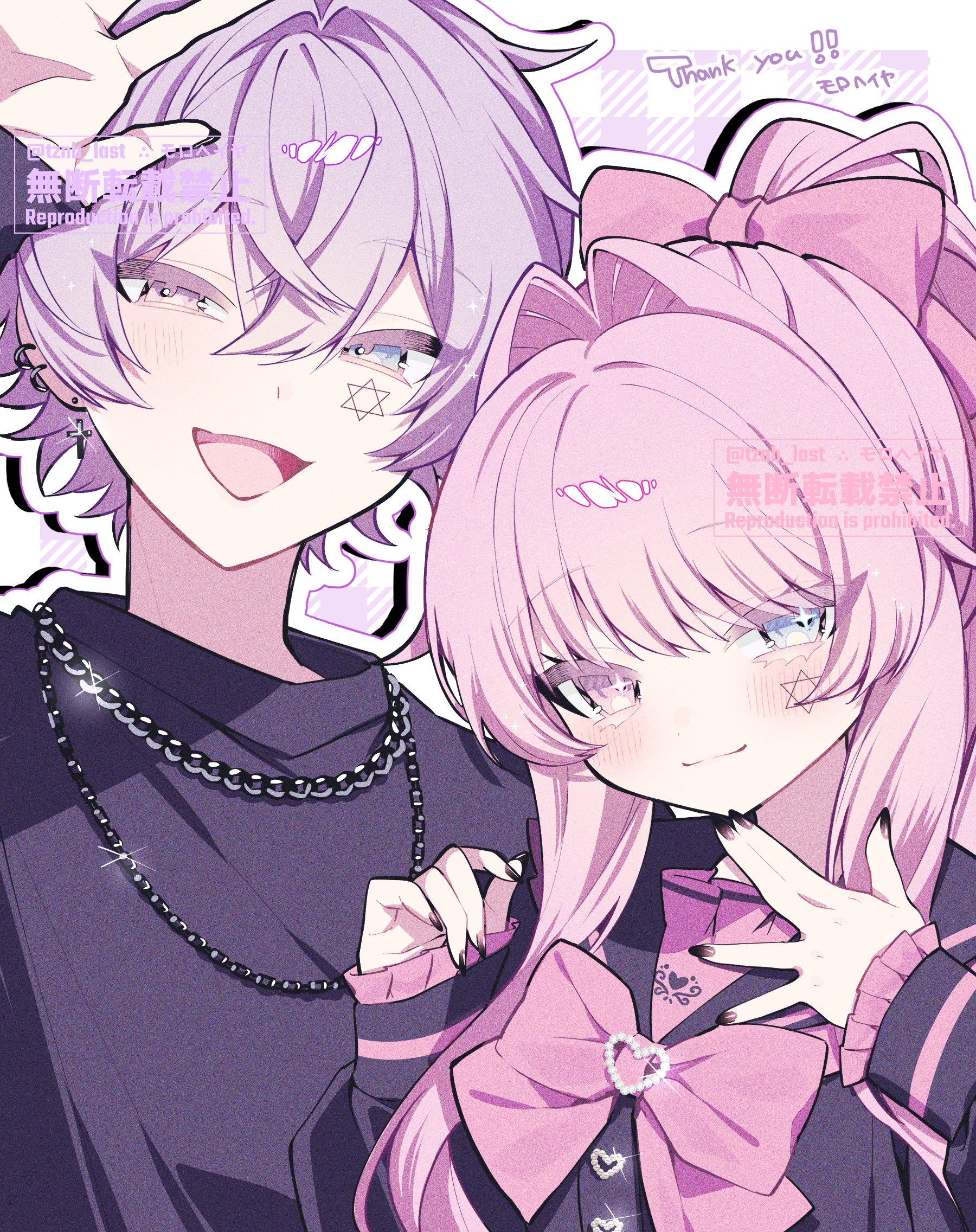 original, commission, highres, skeb commission, 1boy, 1girl, black nails, black shirt, blue eyes, blush, bow, closed mouth, ear piercing, earrings, hair bow, heterochromia, jewelry, long hair, long sleeves, looking at viewer, necklace, open mouth, piercing, pink bow, pink eyes, pink hair, ponytail, purple eyes, purple hair, shirt, short hair, smile, tznb last, utaite