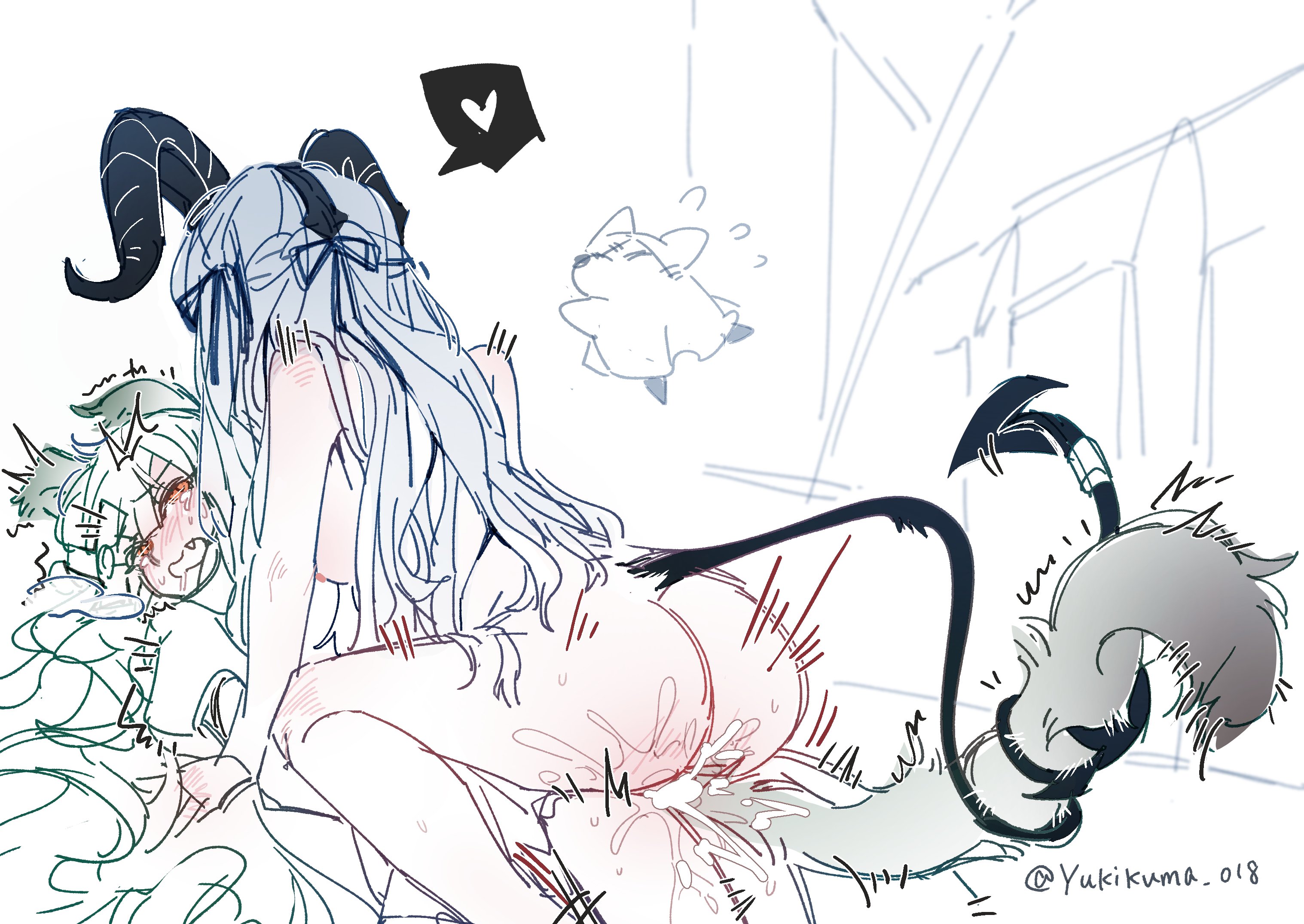 yukikuma (yukikuma 018), togawa sakiko, arknights, bang dream!, bang dream! it's mygo!!!!!, highres, 2girls, animal ears, artist name, ass, black horns, black tail, blue hair, blush, braid, breasts, completely nude, cowgirl position, cum, cum in pussy, cum overflow, curled horns, dashed eyes, demon girl, demon horns, demon tail, drooling, ejaculation, familiar, fang, femdom, flying sweatdrops, from behind, furrowed brow, futa with female, futanari, futasub, girl on top, green tail, hair ribbon, half up braid, heart, horns, internal cumshot, intertwined tails, large breasts, limited palette, long hair, looking at another, lying, morpheus (arknights), motion lines, mouth drool, multiple girls, nose blush, nude, on back, open mouth, orange eyes, ribbon, sex, sketch, slit pupils, speed lines, spoken heart, straddling, tail, tail ornament, tears, togawa sakiko (master of melodia), turning head, twitching, twitter username, two side up, vaginal, white background, x-ray