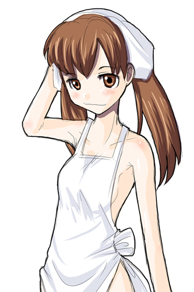 enokids, onimaru miki, muteki kanban musume, 00s, 1girl, apron, blush, breasts, brown eyes, brown hair, female focus, medium breasts, naked apron, sideboob, solo