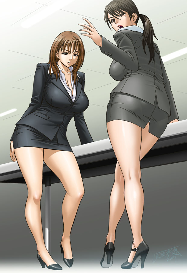 tatsunami youtoku, original, 2girls, breasts, business suit, cleavage, curvy, formal clothes, glasses, high heels, hip focus, huge breasts, impossible clothes, legs, minidress, miniskirt, multiple girls, office lady, panties, pantylines, pencil skirt, ponytail, pumps, shoes, skirt, skirt suit, standing, suit, thighs, underwear, wide hips