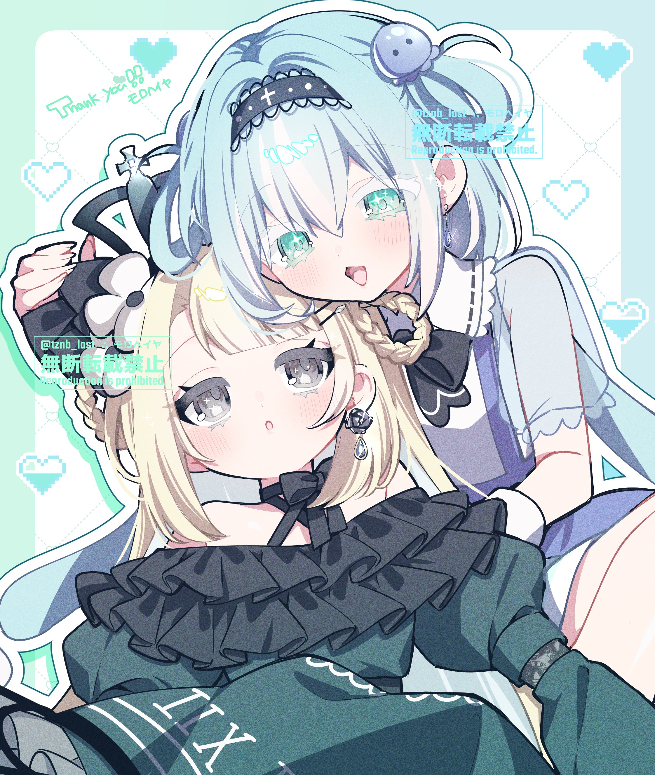 original, absurdres, commission, highres, skeb commission, 2girls, black bow, black bowtie, black hairband, blonde hair, blue hair, blush, bow, bowtie, braid, braided hair rings, dress, earrings, flower, frills, green dress, green eyes, grey eyes, hair flower, hair ornament, hair rings, hairband, heart, jewelry, long hair, long sleeves, multiple girls, off-shoulder dress, off shoulder, open mouth, see-through clothes, see-through sleeves, shirt, smile, suspenders, tznb last
