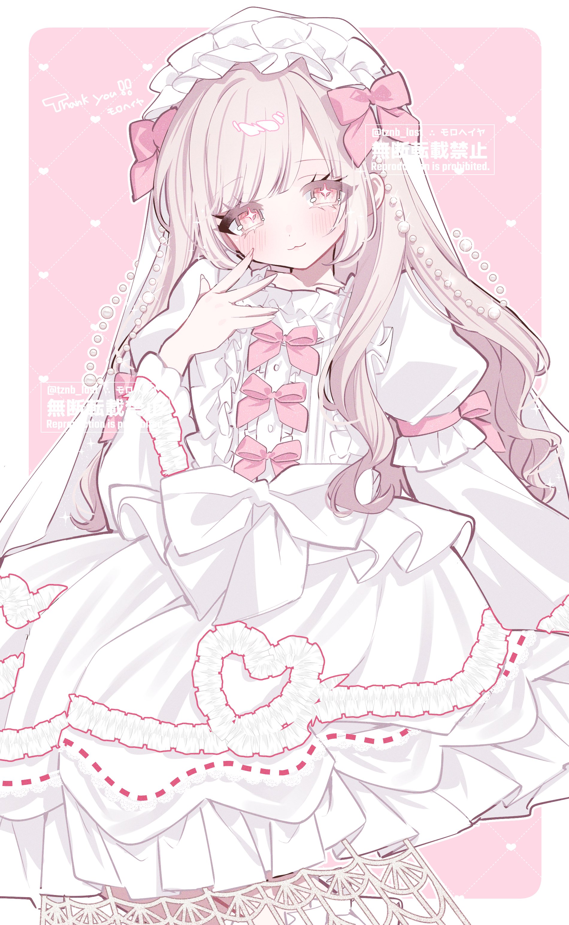 original, absurdres, commission, highres, skeb commission, 1girl, beads, blonde hair, blush, bow, dress, dress bow, frilled dress, frills, gem, hair beads, hair ornament, heart, lolita fashion, long hair, long sleeves, looking at viewer, pastel colors, pearl (gemstone), pink background, pink bow, pink eyes, pink ribbon, ribbon, smile, solo, sweet lolita, tznb last, veil, watermark, white bow, white dress