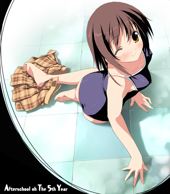 kantoku, original, 1girl, barefoot, breasts, brown hair, covered erect nipples, feet, female focus, medium breasts, one-piece swimsuit, one eye closed, orange eyes, purple one-piece swimsuit, purple school swimsuit, school swimsuit, short hair, skirt, smile, soles, solo, swimsuit, wink