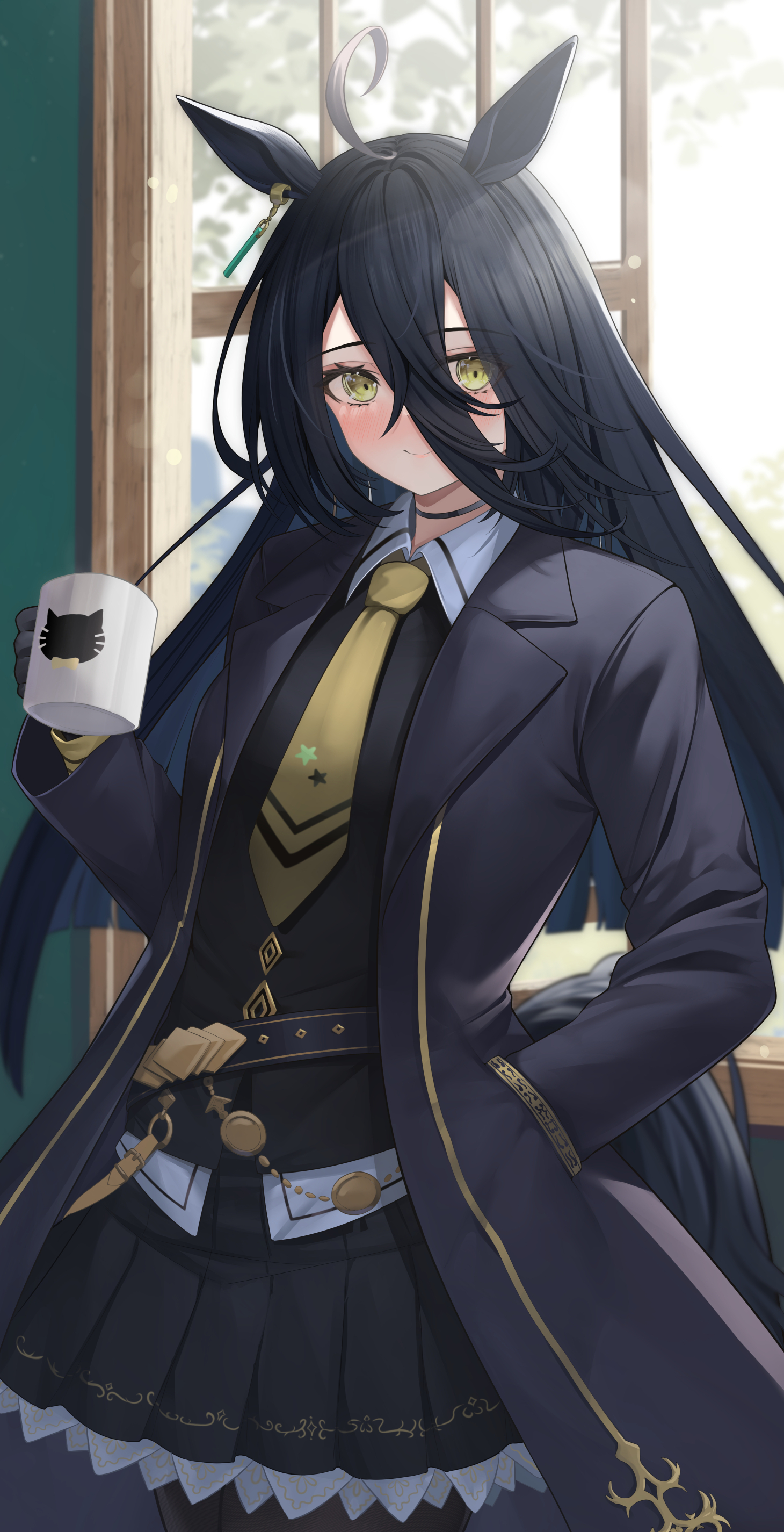 arikawa rui, manhattan cafe (umamusume), umamusume, absurdres, highres, 1girl, ahoge, animal ears, animal print, belt, black belt, black choker, black gloves, black hair, black pantyhose, black skirt, black vest, cat print, choker, collared shirt, cup, frilled skirt, frills, gloves, grey hair, hair between eyes, hand in pocket, hand up, hem peeking out, holding, holding cup, horse ears, horse girl, horse tail, indoors, long bangs, long hair, long hair between eyes, long sleeves, mug, multicolored hair, necktie, pantyhose, pleated skirt, shirt, skirt, solo, tail, very long hair, vest, white shirt, window, yellow eyes, yellow necktie