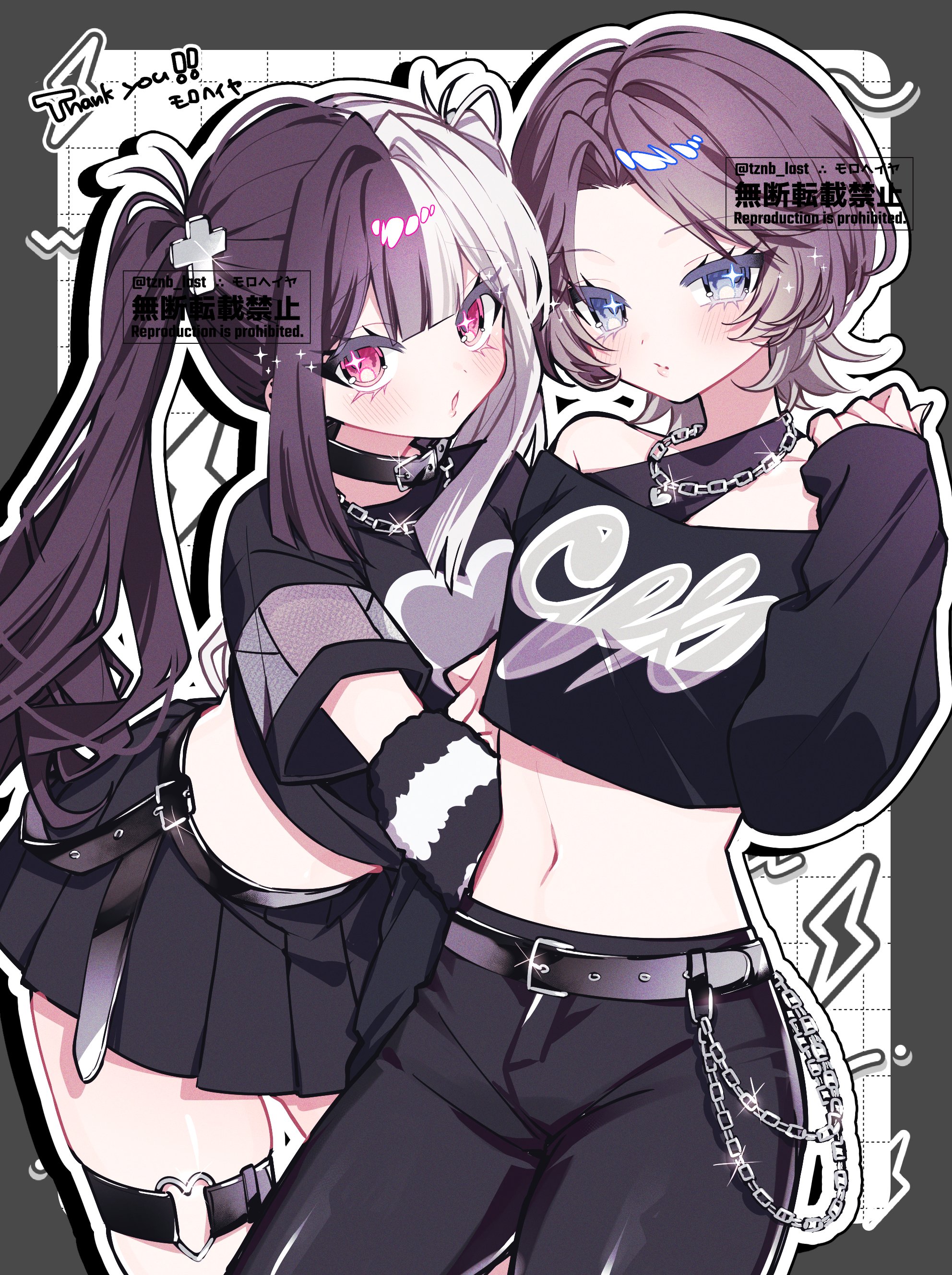 original, absurdres, commission, highres, skeb commission, 2girls, belt, black belt, black hair, black pants, black shirt, black skirt, blue eyes, blush, brown hair, chain, chain necklace, crop top, fishnet top, fishnets, grey hair, hair ornament, jewelry, long hair, looking at viewer, midriff, multicolored hair, multiple girls, navel, necklace, pants, pink eyes, pleated skirt, red eyes, shirt, short hair, skirt, split-color hair, twintails, two-tone hair, tznb last, virtual youtuber, white hair, x hair ornament