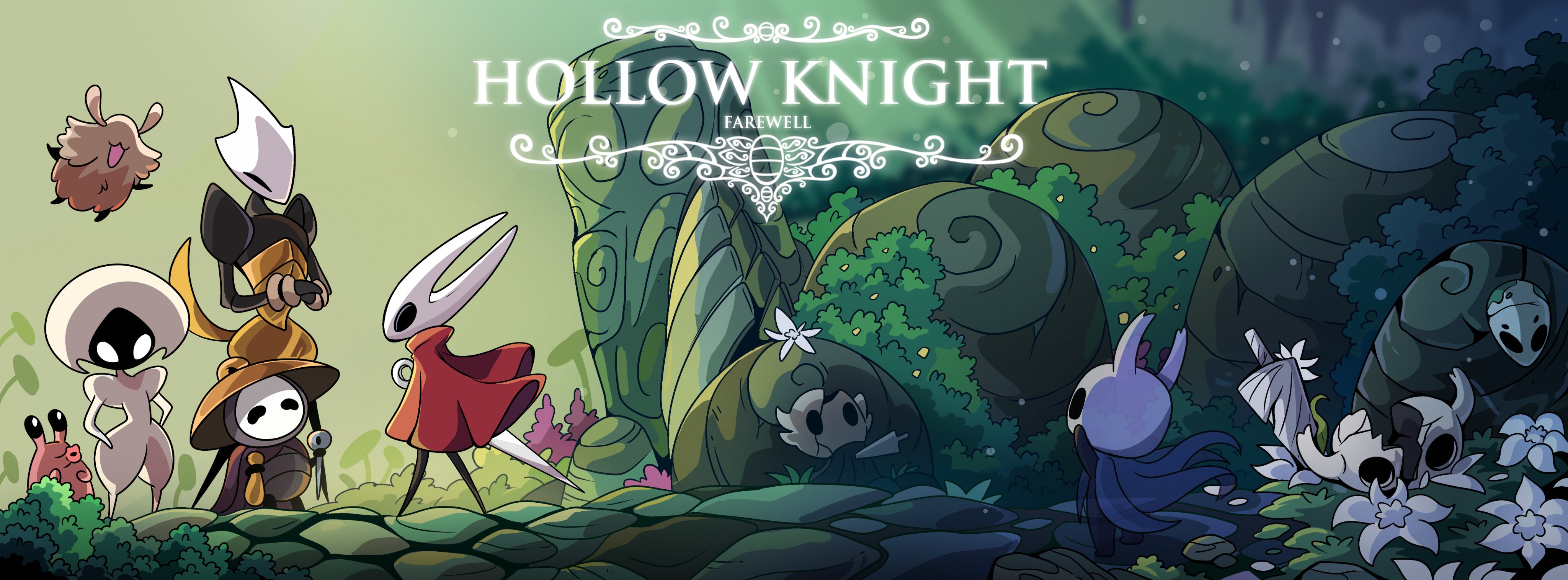 hornet (hollow knight), knight (hollow knight), lace (hollow knight), shakra (hollow knight), hollow knight, hollow knight: silksong, absurdres, highres, 1boy, 1other, 3girls, armor, black eyes, black skin, blank eyes, blue cloak, broken mask, cloak, colored skin, copyright name, flower, hat, horned mask, horns, mask, moss, multiple girls, nail (hollow knight), needle (hollow knight), nuu (hollow knight), red cloak, sherma (hollow knight), shibeshibe9, white eyes, white flower, white mask, white skin