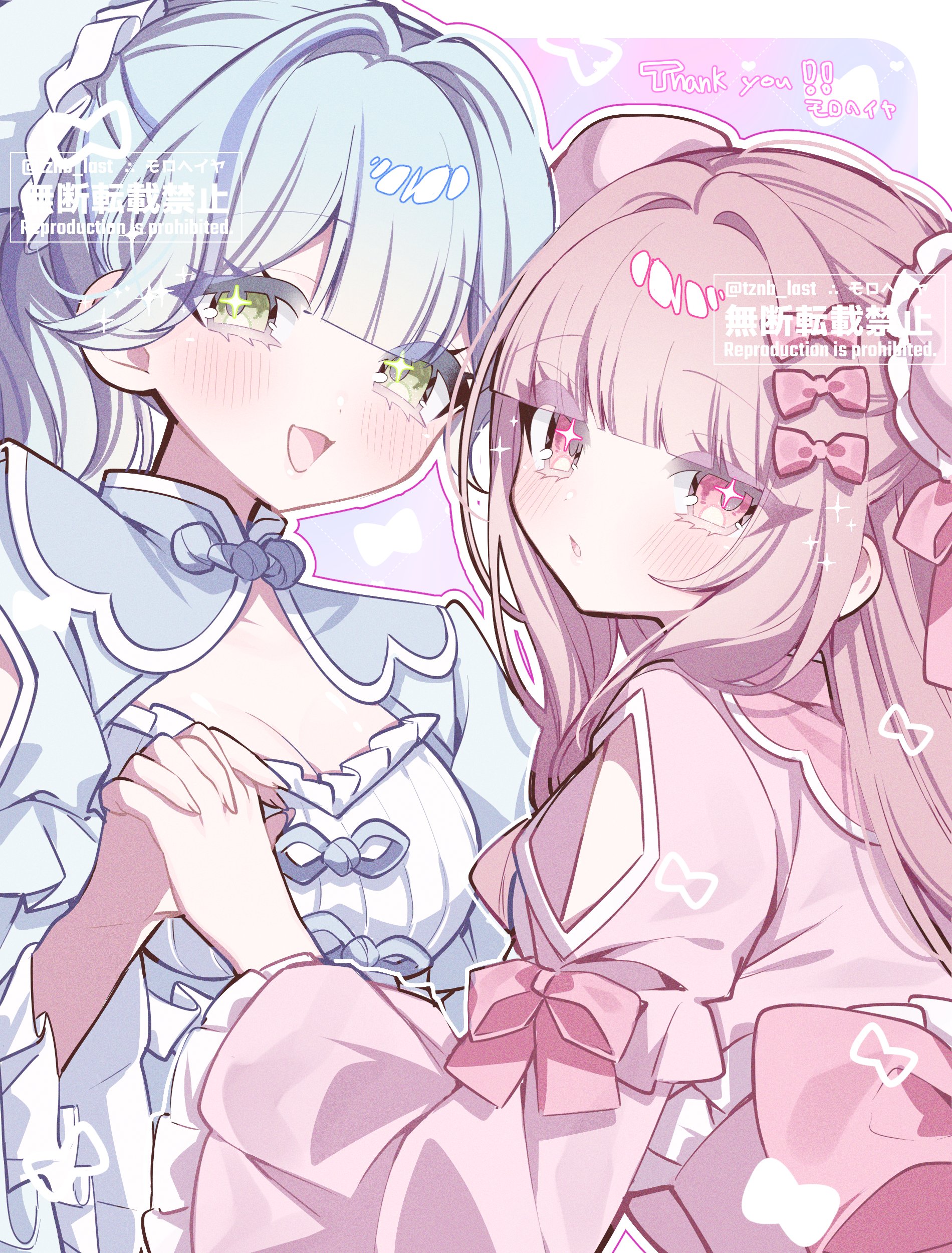 original, absurdres, commission, highres, skeb commission, + +, 2girls, blue dress, blue hair, blunt bangs, blush, bow, breasts, bun cover, chinese clothes, cleavage, cleavage cutout, clothing cutout, dress, green eyes, hair bow, hair bun, holding hands, long hair, long sleeves, looking at viewer, multiple girls, open mouth, pink bow, pink dress, pink eyes, pink hair, ponytail, sidelocks, smile, tznb last, upper body