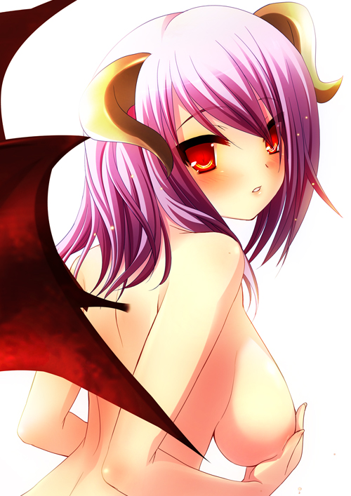 yukizuki chikuba, breast hold, 1girl, back, bat wings, blush, breasts, covering breasts, covering privates, demon girl, demon wings, female focus, horns, large breasts, lips, looking at viewer, looking back, nude, nude cover, parted lips, pink hair, purple hair, red eyes, short hair, simple background, solo, sparkle, white background, wings