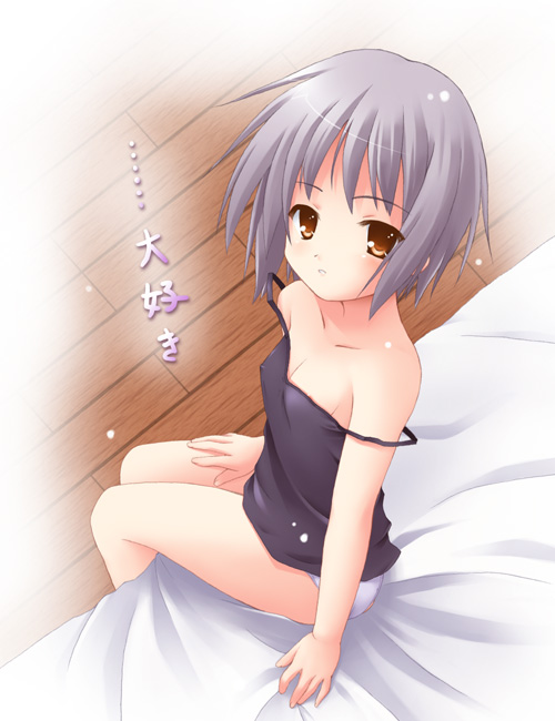 taka (suigendou), taka sui, nagato yuki, suzumiya haruhi no yuuutsu, eyebrows, silver hair, …, 00s, 1girl, alternate costume, areola slip, bare shoulders, bed, breasts, camisole, cleavage, covered erect nipples, female focus, from above, looking at viewer, messy hair, nipple slip, nipples, no pants, on bed, panties, purple hair, short hair, sitting, small breasts, solo, strapless, text focus, underwear, white panties, wooden floor, yellow eyes