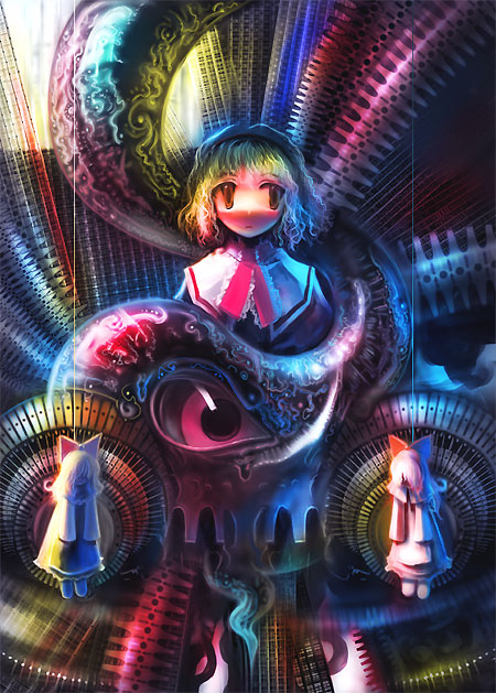 tanaka ken'ichi, alice margatroid, hourai doll, touhou, 1girl, abstract, blonde hair, bow, capelet, curly hair, doll, eye focus, female focus, hair bow, hairband, short hair, solo