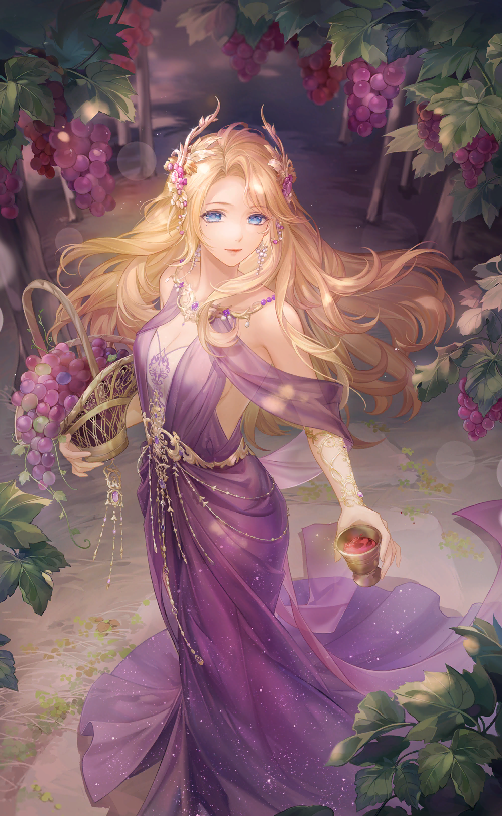vineyard, nikki (series), shining nikki, artist request, highres, official art, 1girl, alcohol, aphrodia (shining nikki), bare shoulders, basket, blonde hair, blue eyes, breasts, chalice, cleavage, cleavage cutout, closed mouth, clothing cutout, collarbone, cup, dress, drink, earrings, eyelashes, floating hair, food, food-themed hair ornament, fruit, fruit hair ornament, full body, glitter, gold necklace, grape hair ornament, grapes, greco-roman clothes, hair ornament, happy, holding, holding basket, holding drink, jewelry, lace arm warmers, light particles, lipstick, long dress, long hair, luxurious feast (shining nikki), makeup, mole, mole under eye, necklace, outdoors, path, pink lips, purple dress, road, shade, sideboob, sidelocks, smile, solo, standing, wavy hair, white arm warmers, wine