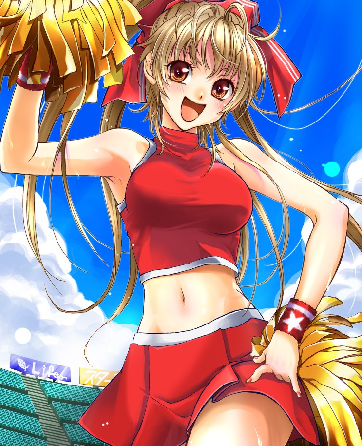 ogihara mikumi, miss surfersparadise, original, 1girl, bare shoulders, blonde hair, brown eyes, cheerleader, female focus, long hair, midriff, pom pom (cheerleading), ponytail, sleeveless, sleeveless turtleneck, smile, solo, turtleneck, very long hair, wristband