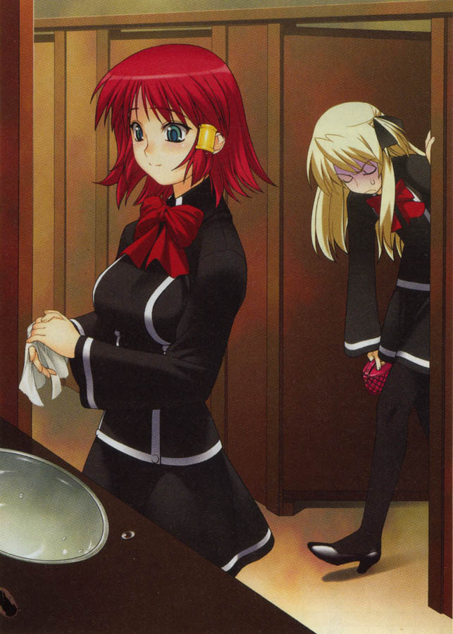 ruquia, shalon, quiz magic academy, bathroom, blonde hair, closed eyes, green eyes, long hair, pantyhose, public restroom, red hair, short hair, sink, toilet stall