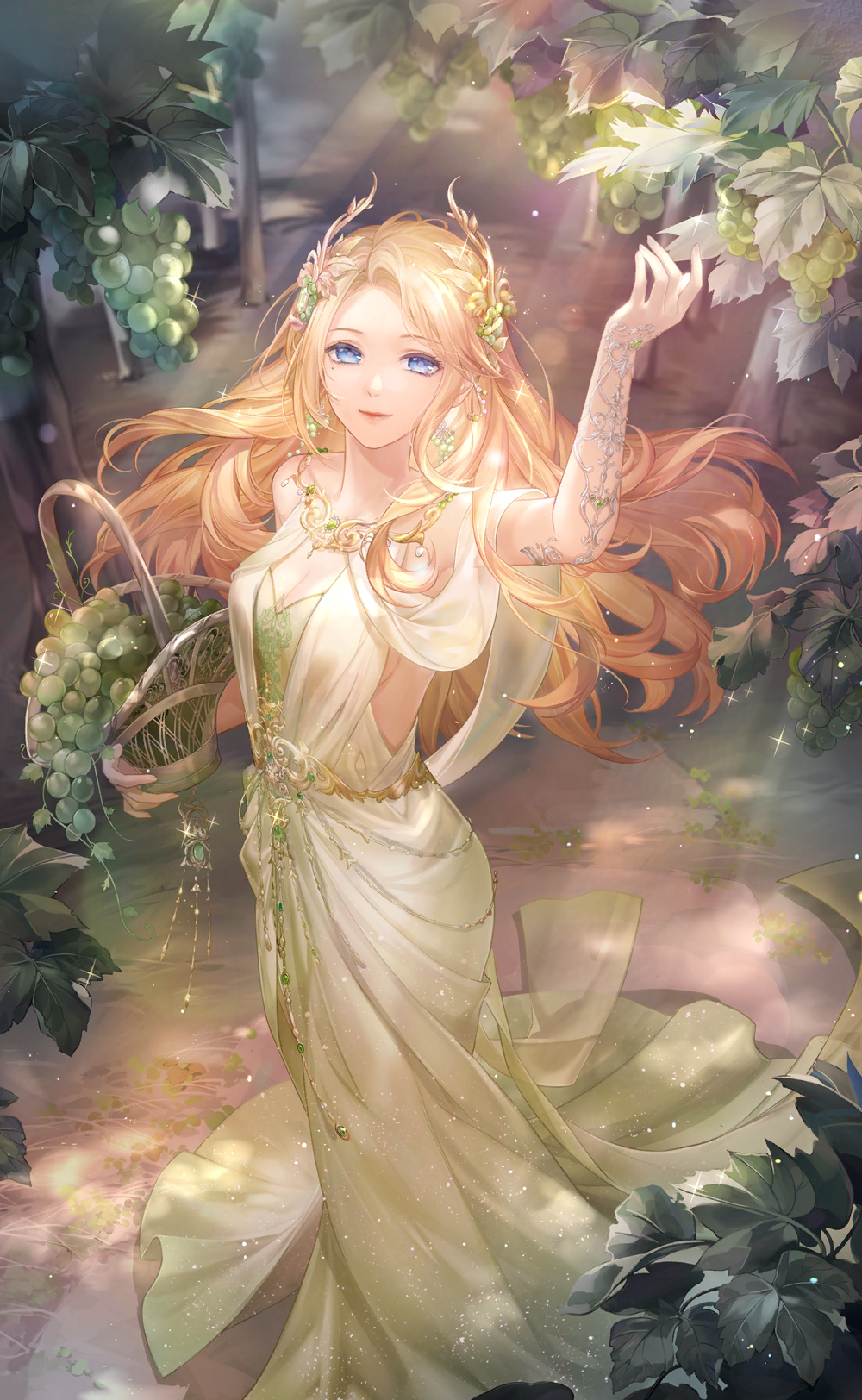vineyard, nikki (series), shining nikki, artist request, highres, official art, 1girl, aphrodia (shining nikki), bare shoulders, basket, blonde hair, blue eyes, breasts, cleavage, cleavage cutout, closed mouth, clothing cutout, collarbone, day, dress, eyelashes, floating hair, food, food-themed hair ornament, fruit, fruit earrings, fruit hat ornament, full body, gold necklace, grape earrings, grape hair ornament, grapes, greco-roman clothes, green dress, hair ornament, happy, holding, holding basket, jewelry, lace arm warmers, light particles, light rays, lipstick, long dress, long hair, looking at viewer, luxurious feast (shining nikki), makeup, mole, mole under eye, necklace, official alternate color, outdoors, path, picking fruit, red lips, road, sidelocks, sleeveless, sleeveless dress, smile, solo, sparkle, standing, sunlight, wavy hair, white arm warmers