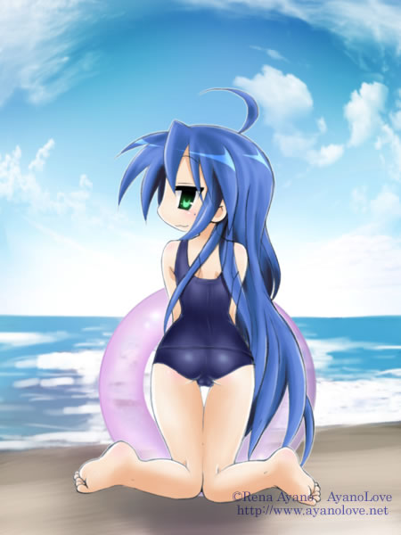 ayano rena, izumi konata, lucky star, 00s, 1girl, :3, ahoge, ass, barefoot, beach, blue hair, blue one-piece swimsuit, cameltoe, cloud, day, female focus, from behind, green eyes, innertube, long hair, looking at viewer, looking back, mole, mole under eye, ocean, one-piece swimsuit, outdoors, sand, school swimsuit, sky, solo, swim ring, swimsuit, water
