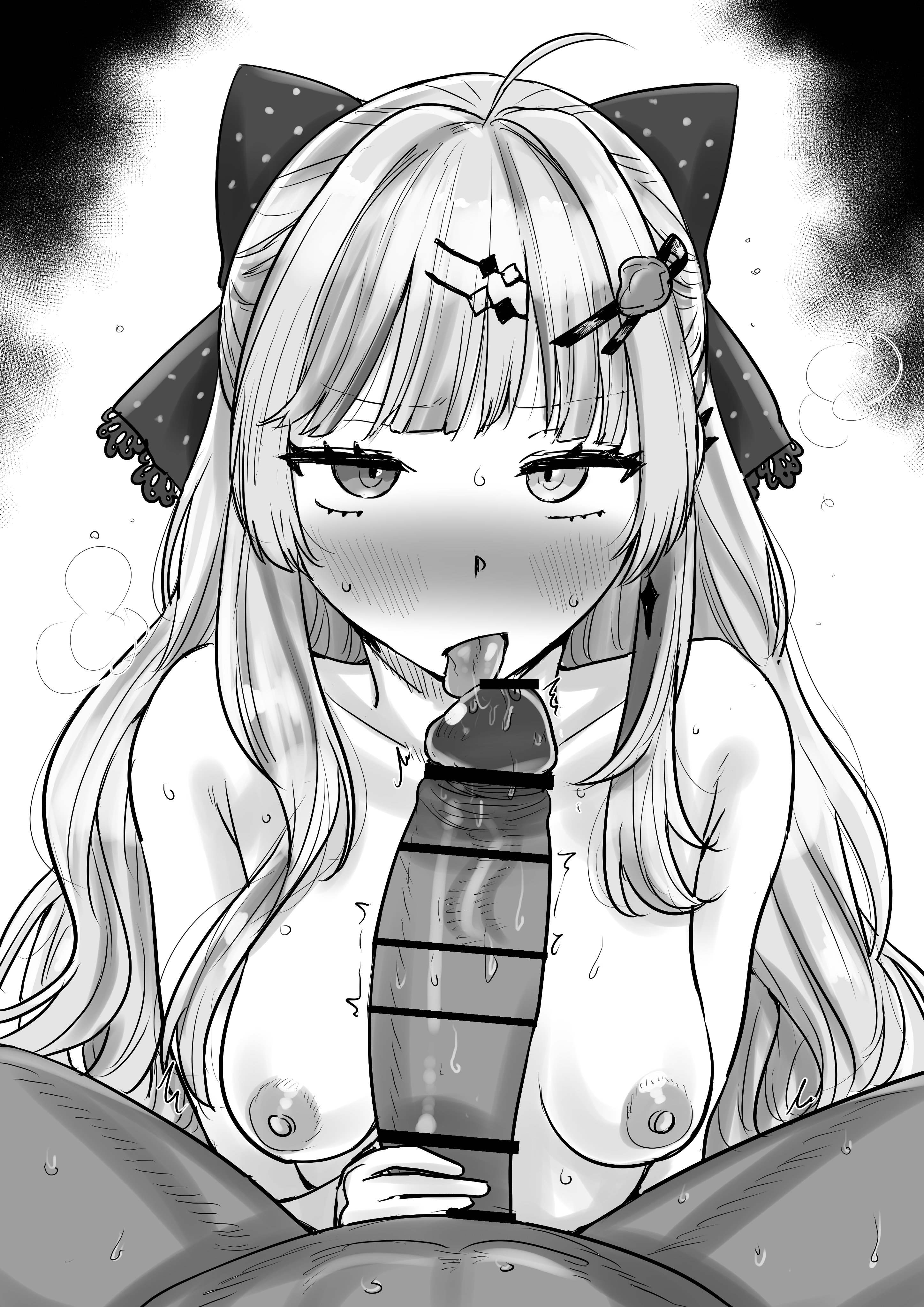kaiman garupan, ishigami nozomi, nijisanji, absurdres, highres, 1boy, 1girl, ahoge, bar censor, blush, bow, breasts, censored, completely nude, erection, fellatio, greyscale, hair bow, hair ornament, hairpin, hetero, heterochromia, large penis, licking, licking penis, long hair, long sidelocks, looking at viewer, monochrome, nipples, nose blush, nude, oral, penis, polka dot, polka dot bow, pov, sidelocks, small breasts, sweat, tongue, tongue out, twitching penis, virtual youtuber, white background