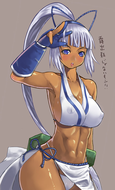 nagase haruhito, majikina mina, samurai spirits, snk, translated, 1girl, abs, armpits, blue eyes, breasts, covered erect nipples, dark-skinned female, dark skin, female focus, gloves, large breasts, long hair, midriff, muscular, muscular female, ponytail, solo, white hair