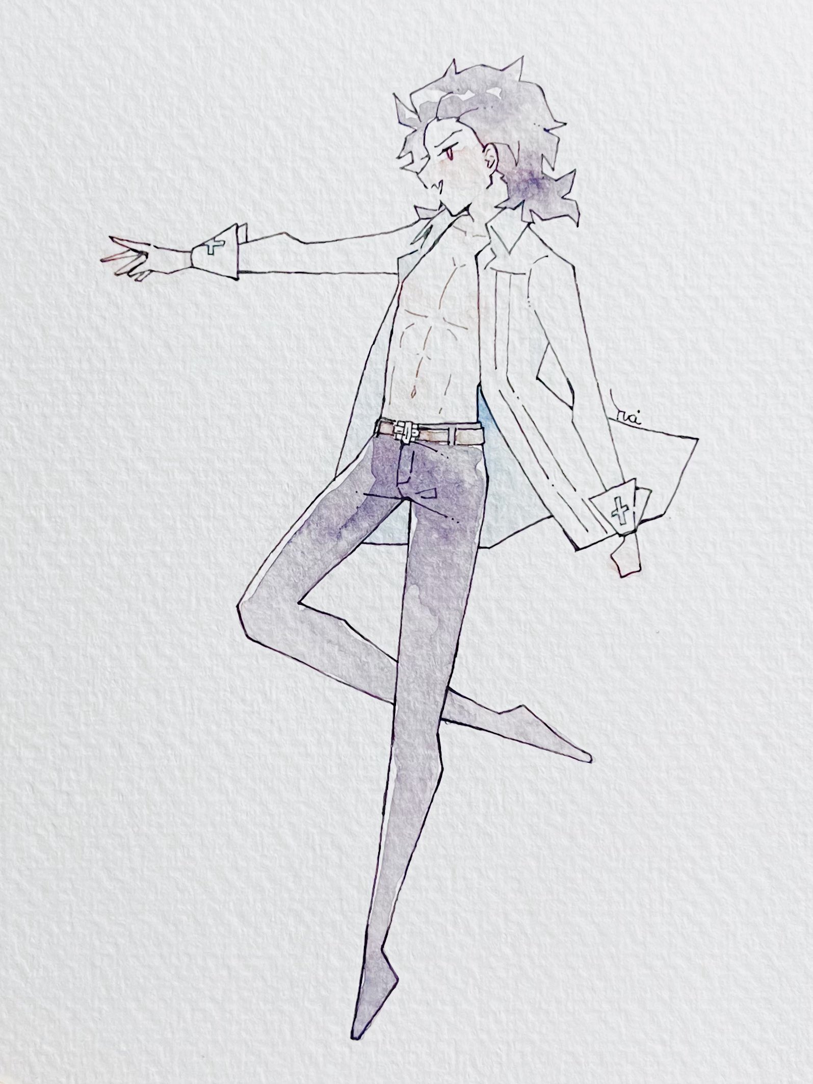 hashikko69, michael roa valdamjong, tsukihime, tsukihime (remake), highres, 1boy, abs, arm up, black hair, black pants, clenched hand, evil smile, floating clothes, floating hair, from side, hair slicked back, male focus, open hand, pants, pectorals, reaching, red eyes, sketch, smile